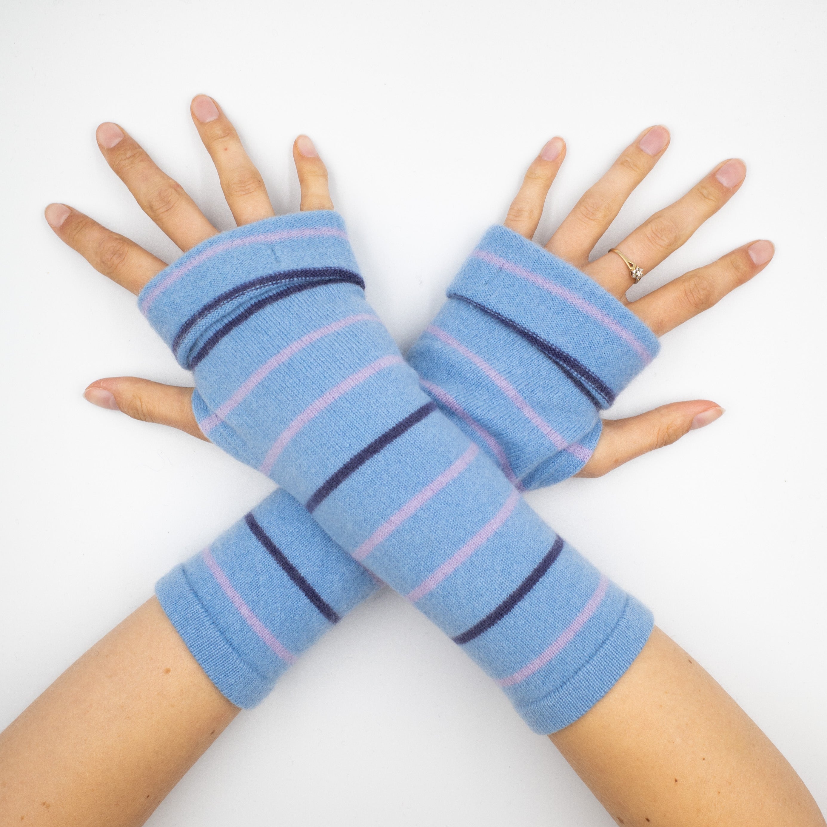 Sky Blue and Mauve Fingerless Gloves Striped
