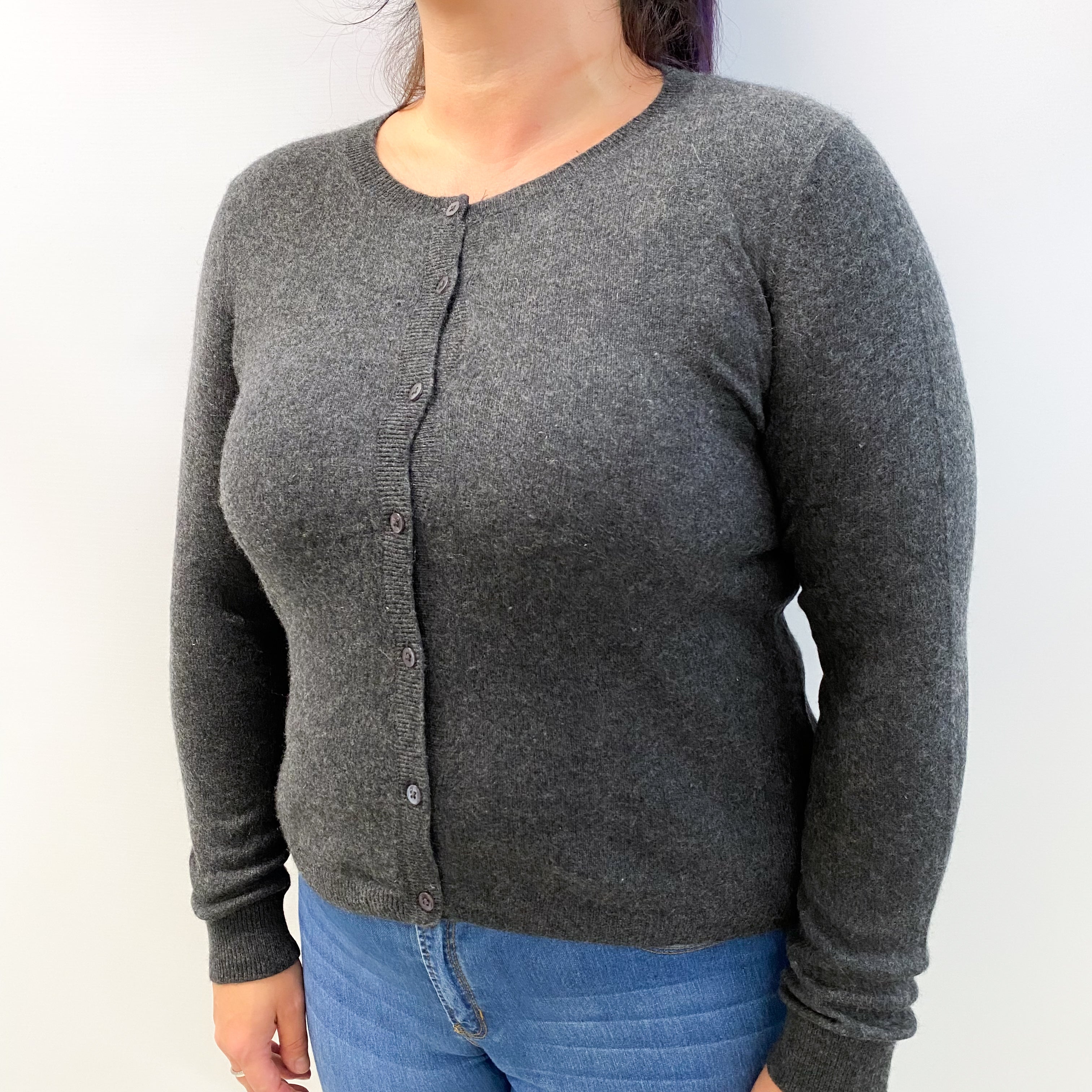 Charcoal Grey Cashmere Crew Neck Cardigan Large