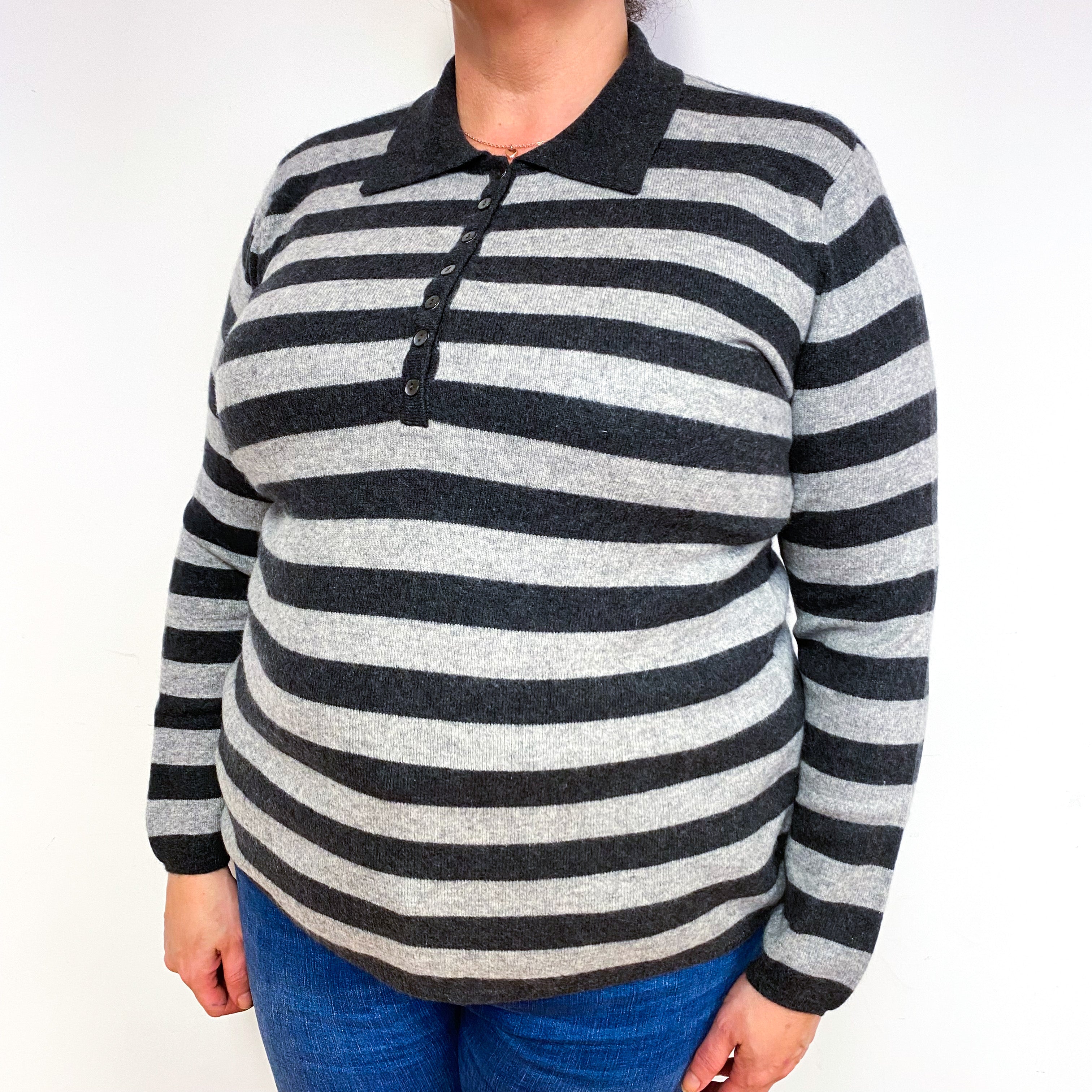 Grey Stripe Cashmere Collared 1/4 Button Jumper Extra Large