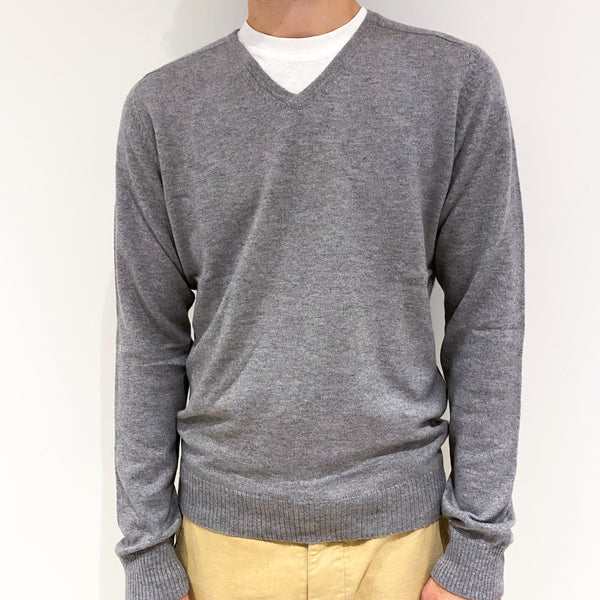 Men's Smoke Grey Cashmere V-Neck Jumper Large