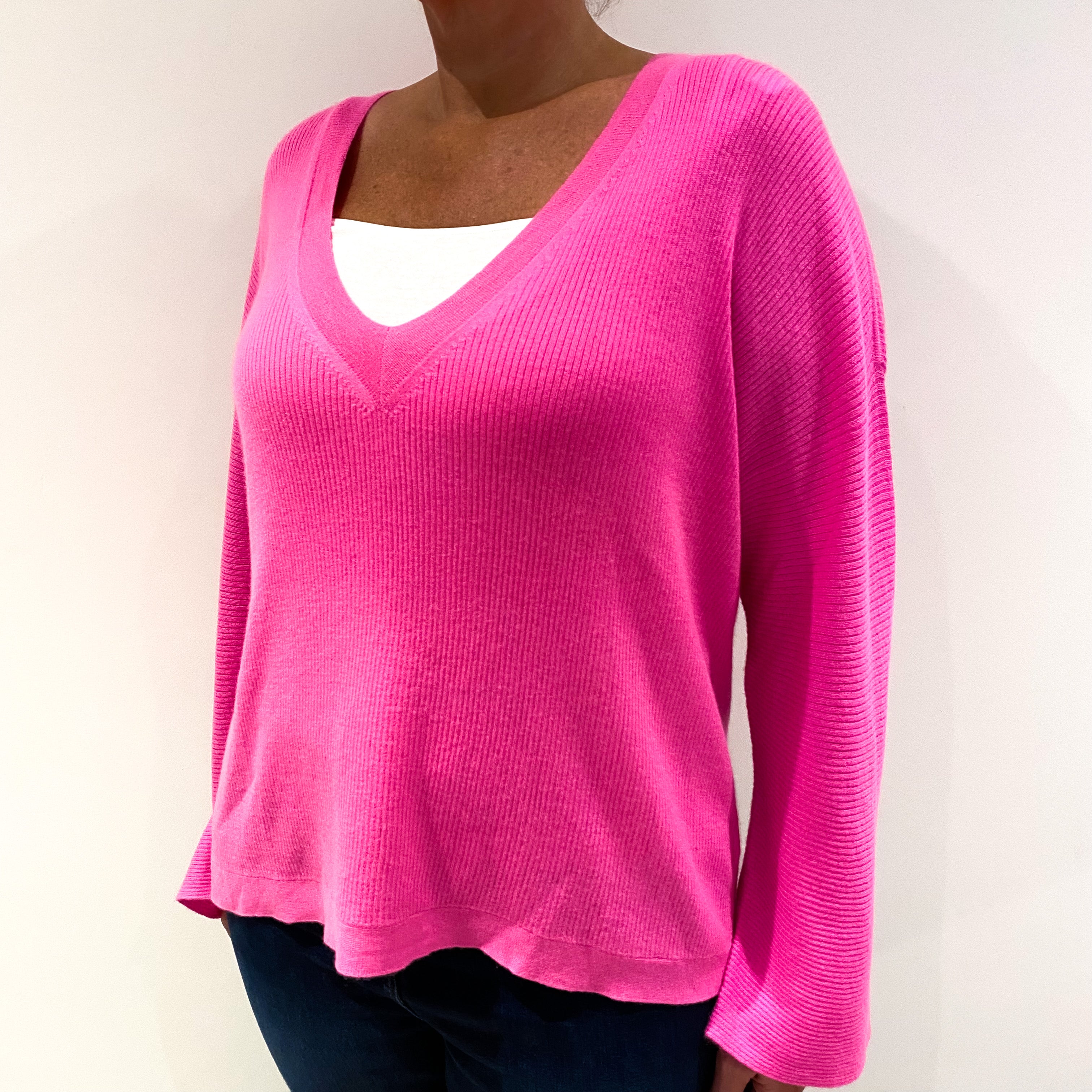 Neon Pink Ribbed Slouchy Cashmere V-Neck Jumper Large