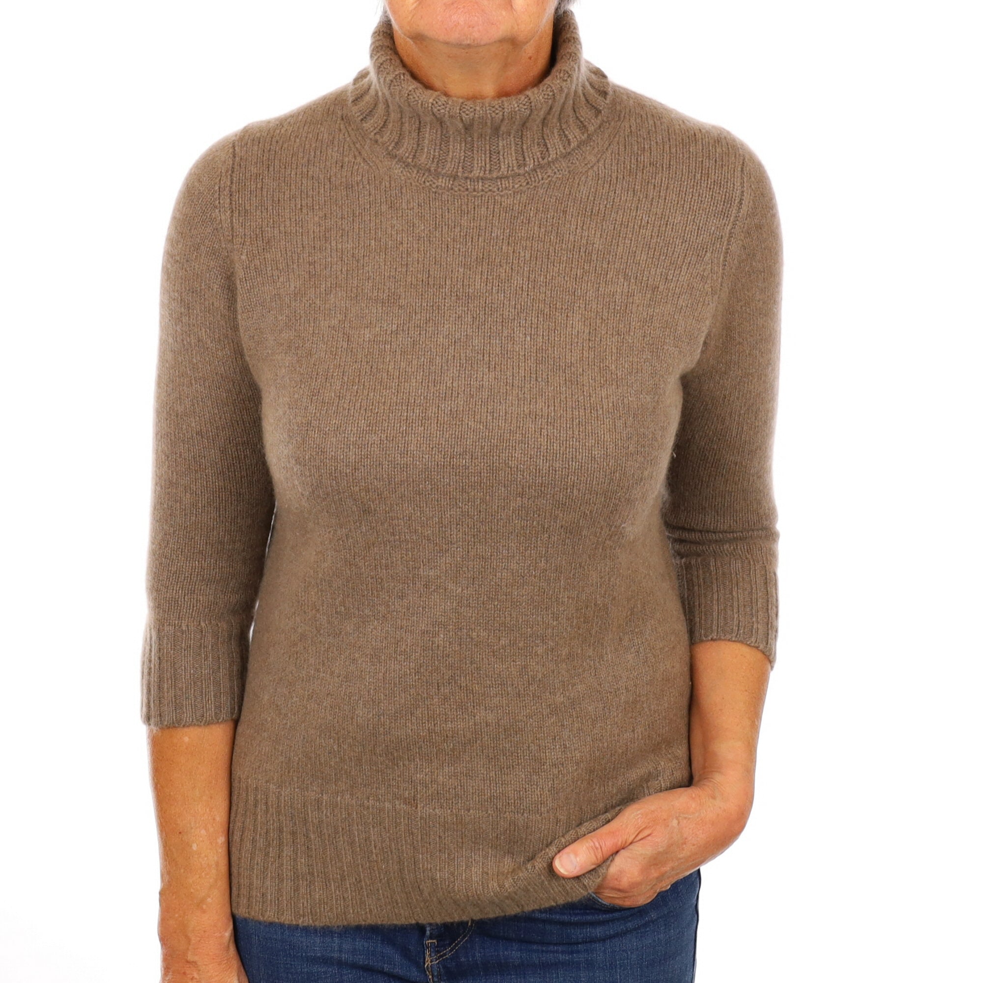 Taupe Brown Chunky Cashmere Polo Neck Jumper Medium