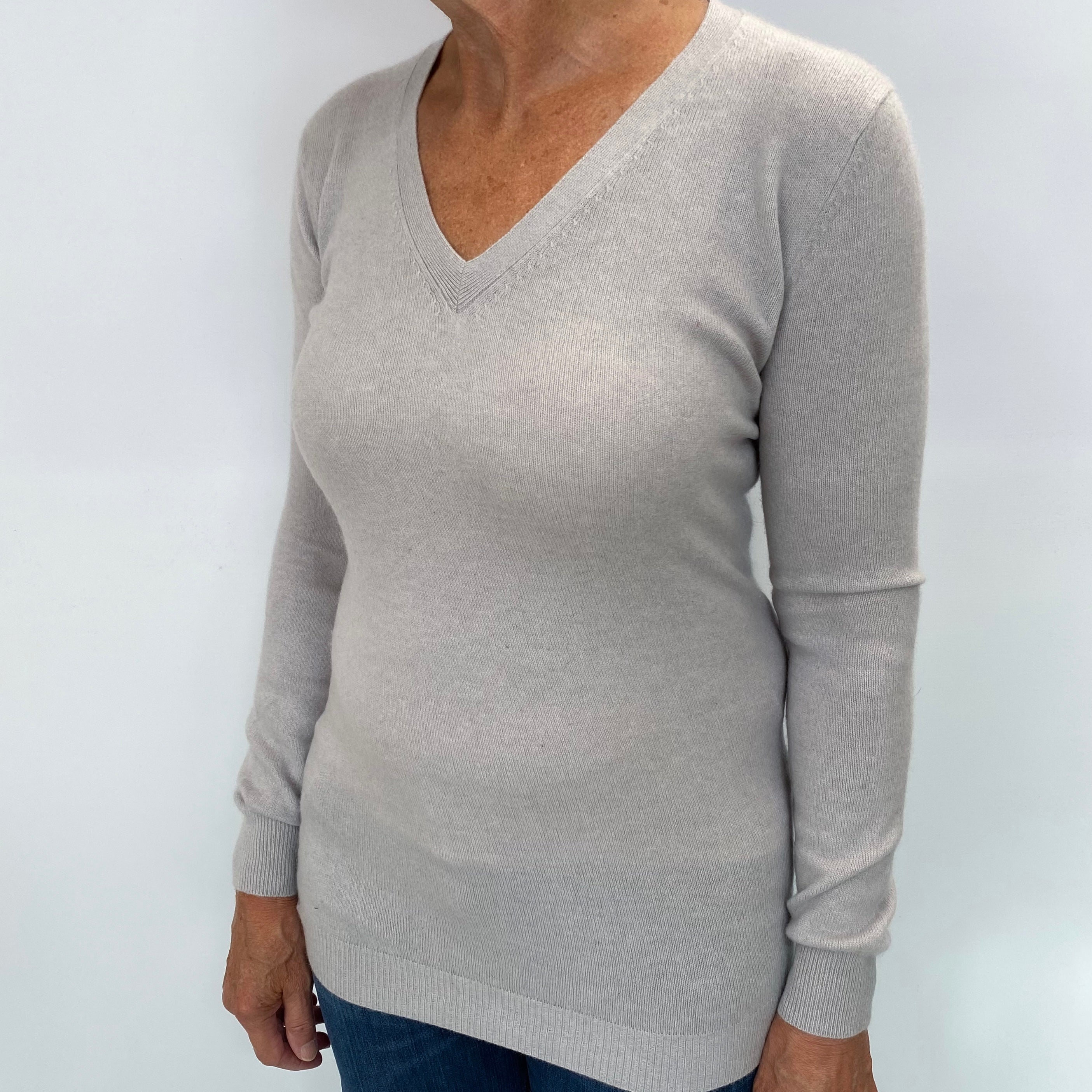 Dove Grey Cashmere V Neck Longline Jumper Medium