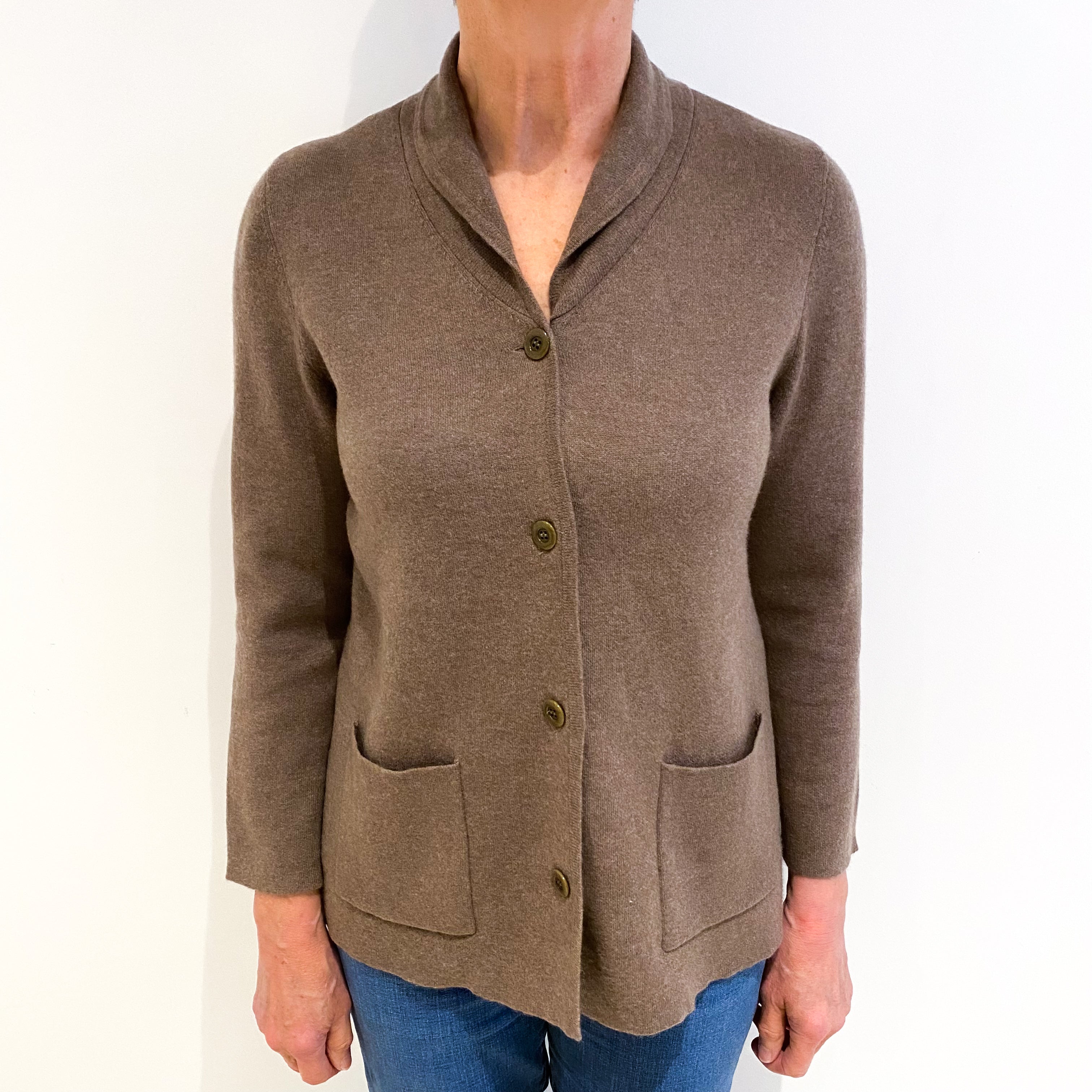 Mocha Brown Cashmere Shawl Collar Longline Cardigan With Pockets Medium