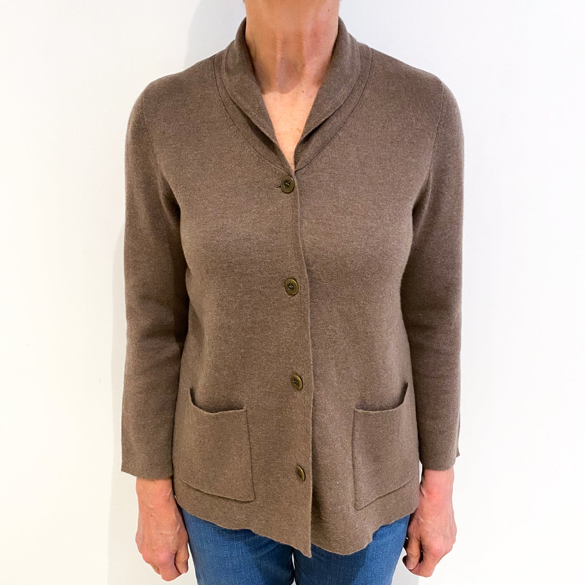 Mocha Brown Cashmere Shawl Collar Longline Cardigan With Pockets Medium