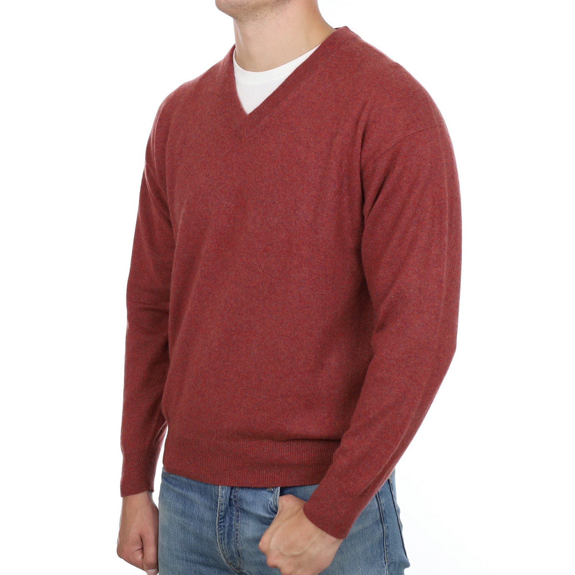 Men's Brick Red Marl Cashmere V Neck Jumper XL