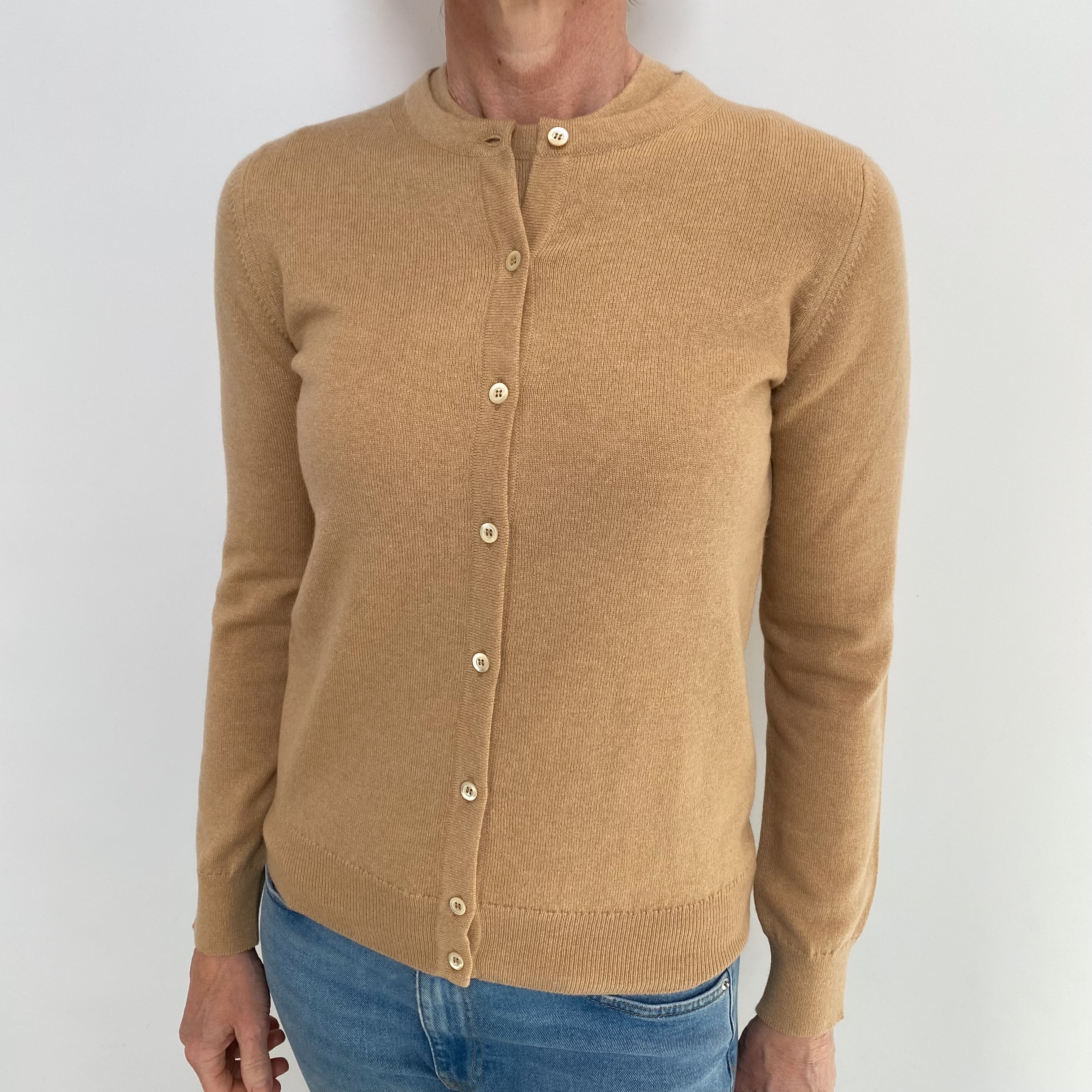 Brand New Scottish Caramel Brown Cashmere Crew Neck Cardigan Twinset Small