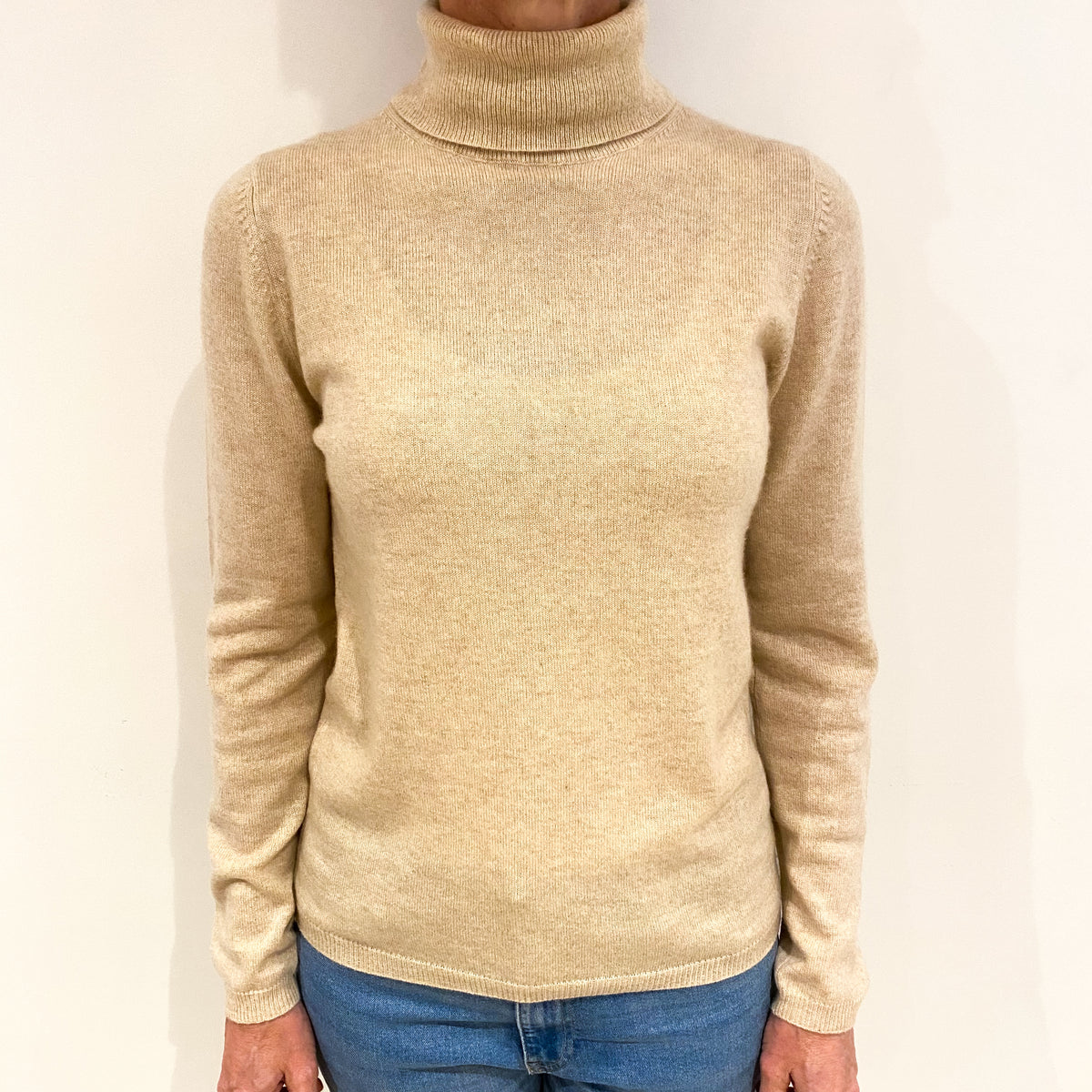 Oatmeal Beige Cashmere Polo Neck Jumper Small