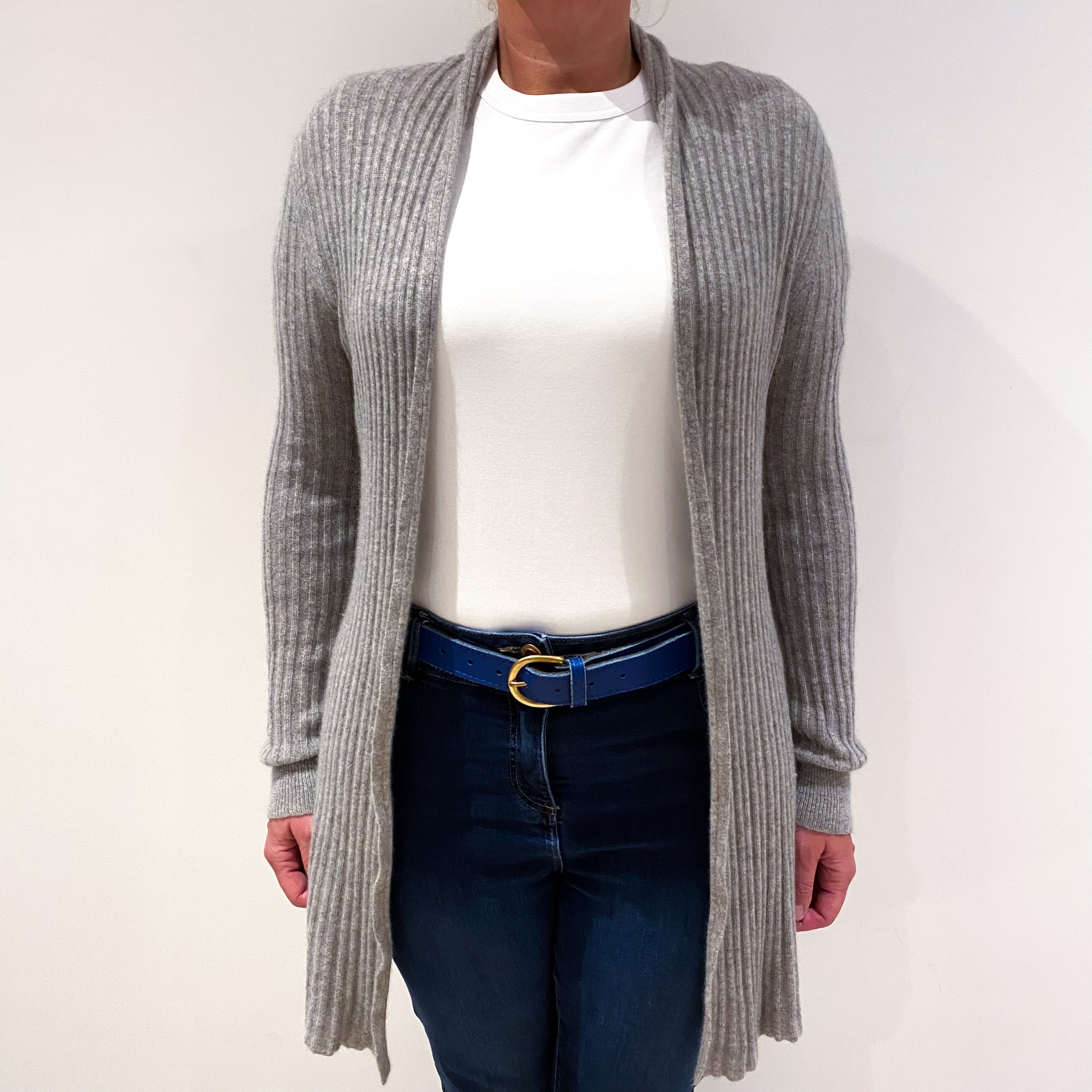 Ash Grey Ribbed Cashmere Edge To Edge Cardigan Large