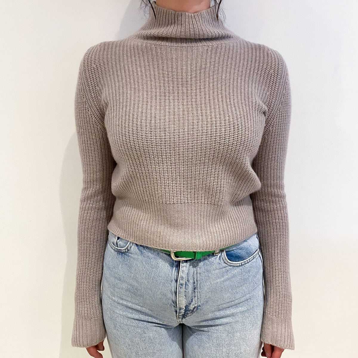 Dusty Grey Cashmere Funnel Neck Lace Up Back Jumper Small
