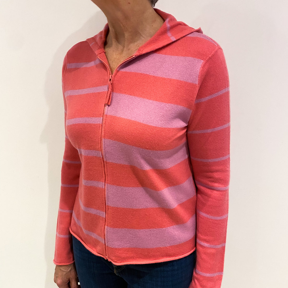 Pink Striped Cashmere Zip Up Hoodie Medium