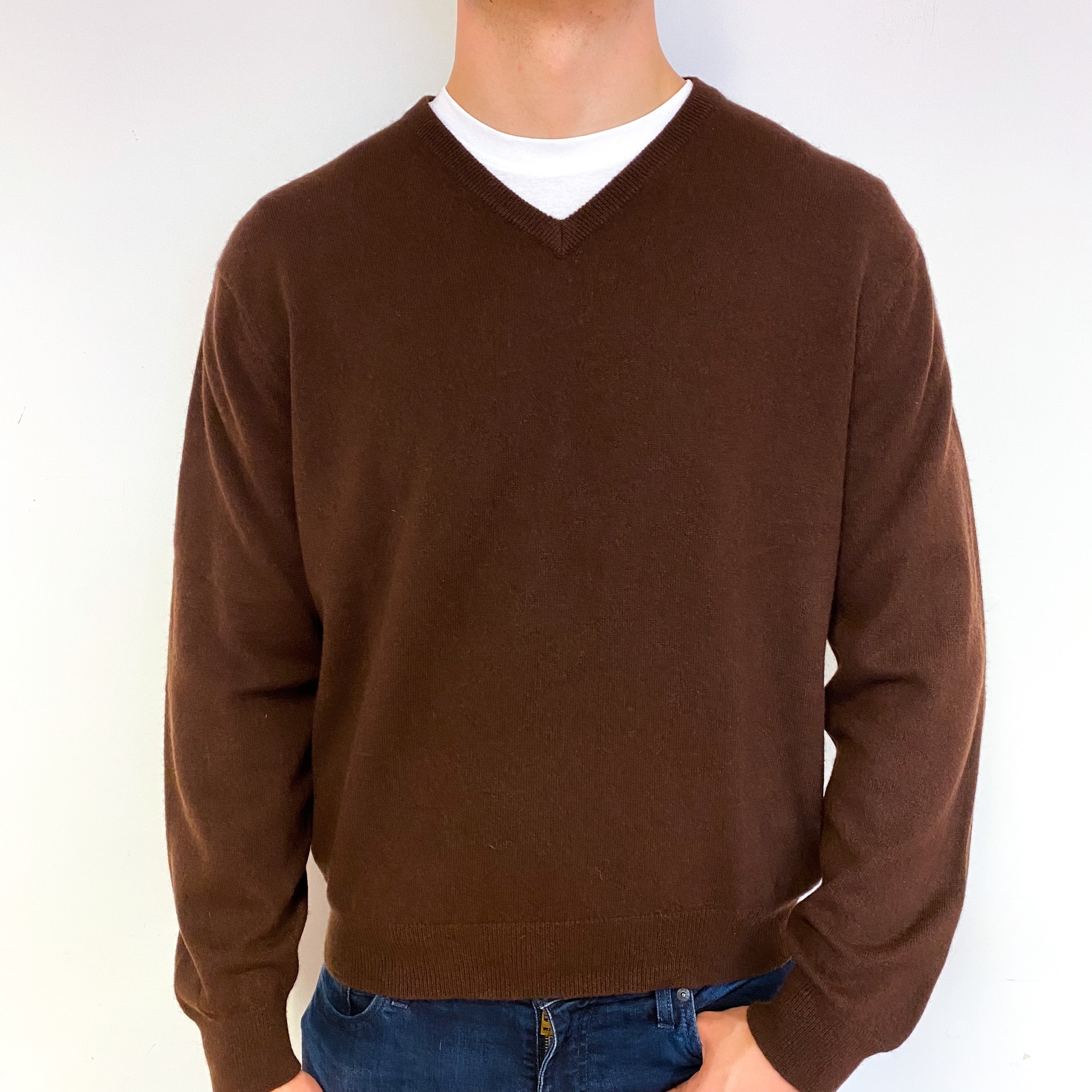 Men's Chocolate Brown Cashmere V-Neck Jumper Extra Large