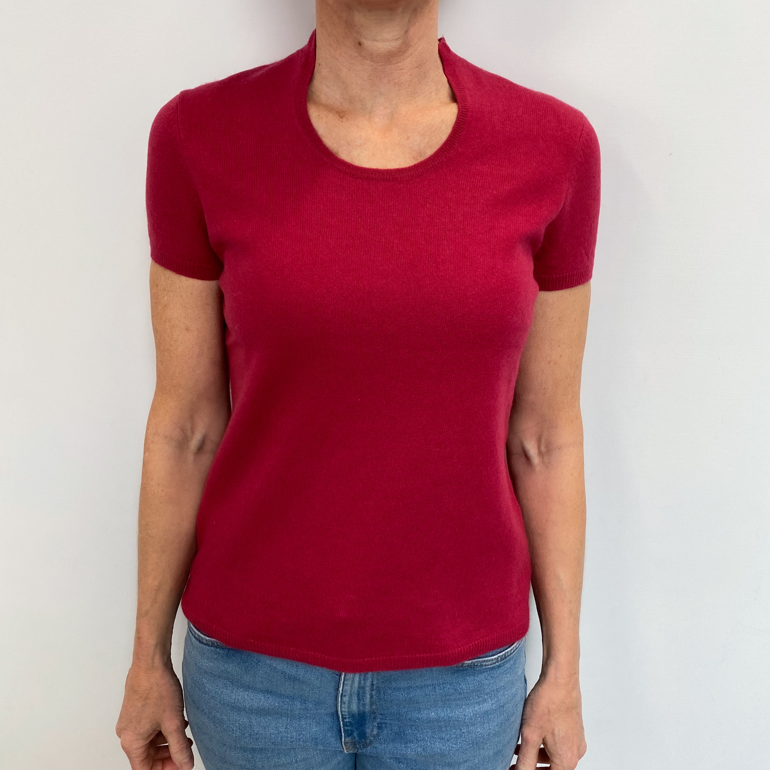 Fuchsia Pink Cashmere Short Sleeved Notch Neck Jumper Small