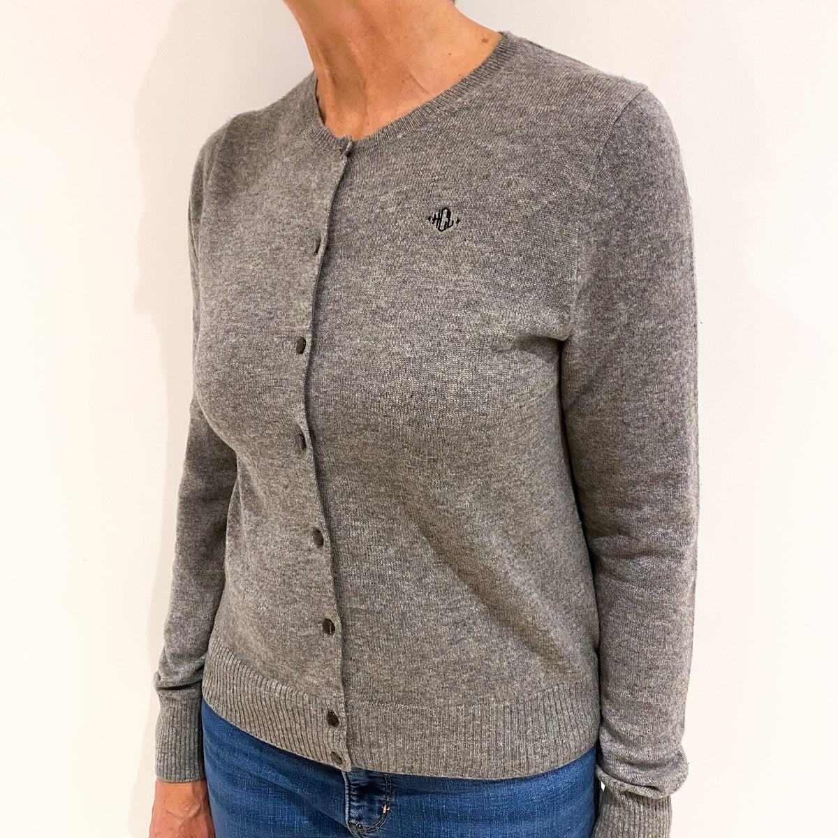 Steel Grey Cashmere Crew Neck Cardigan Medium