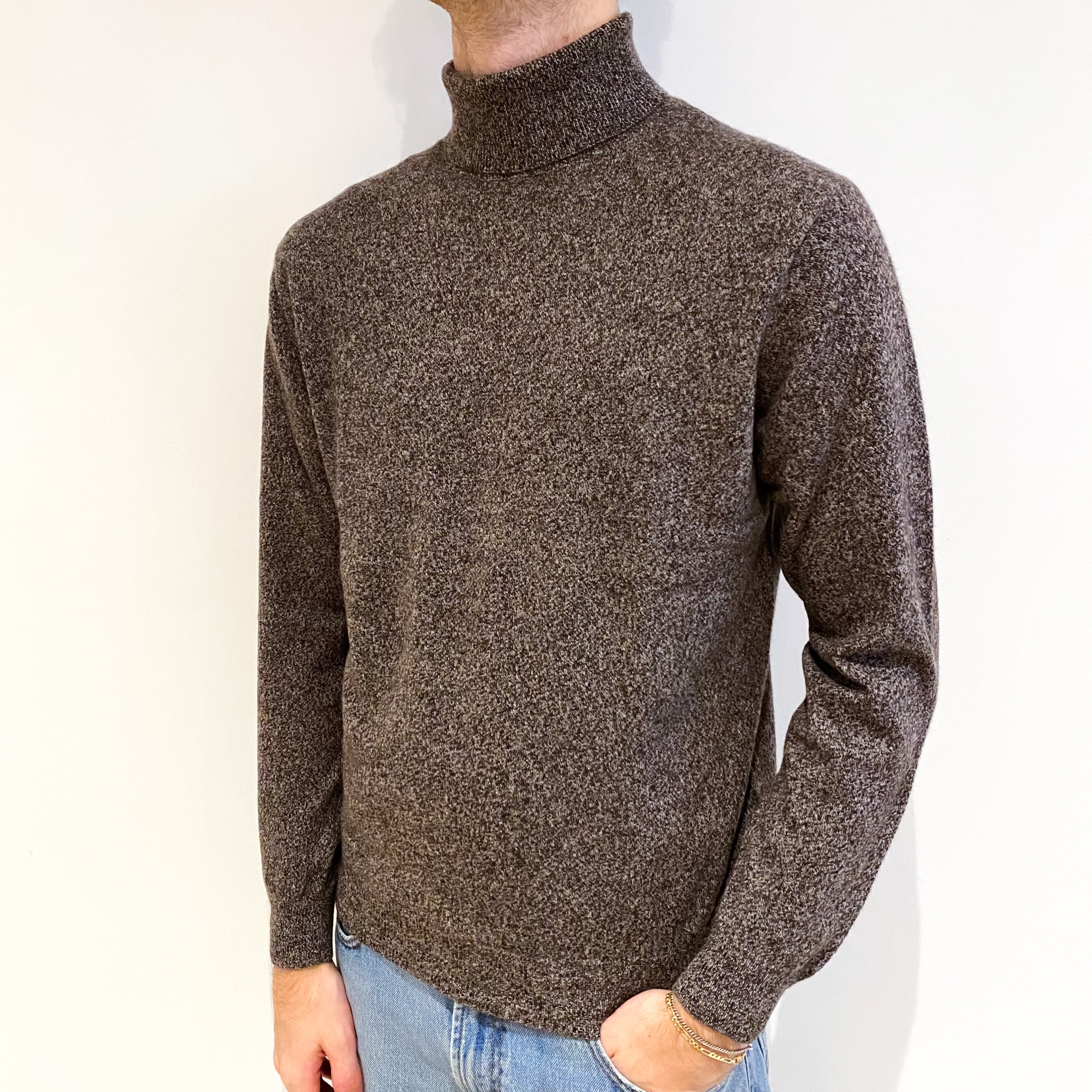 Men's Mole Brown Marl Cashmere Polo Neck Jumper Medium