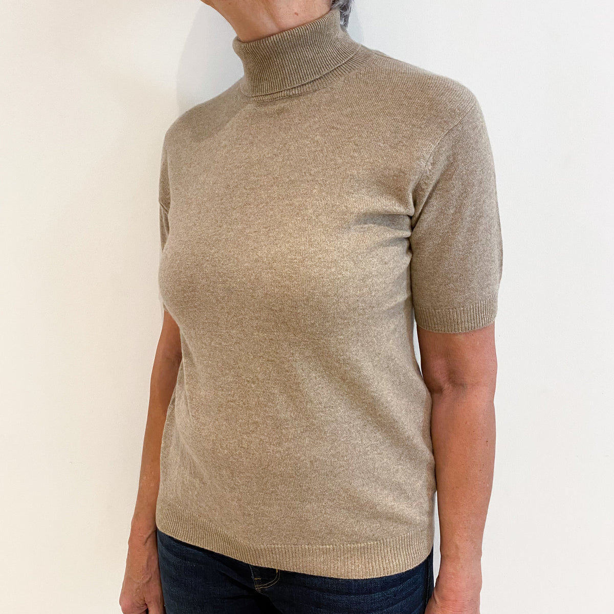 Taupe Brown Cashmere Short Sleeve Polo Neck Jumper Medium