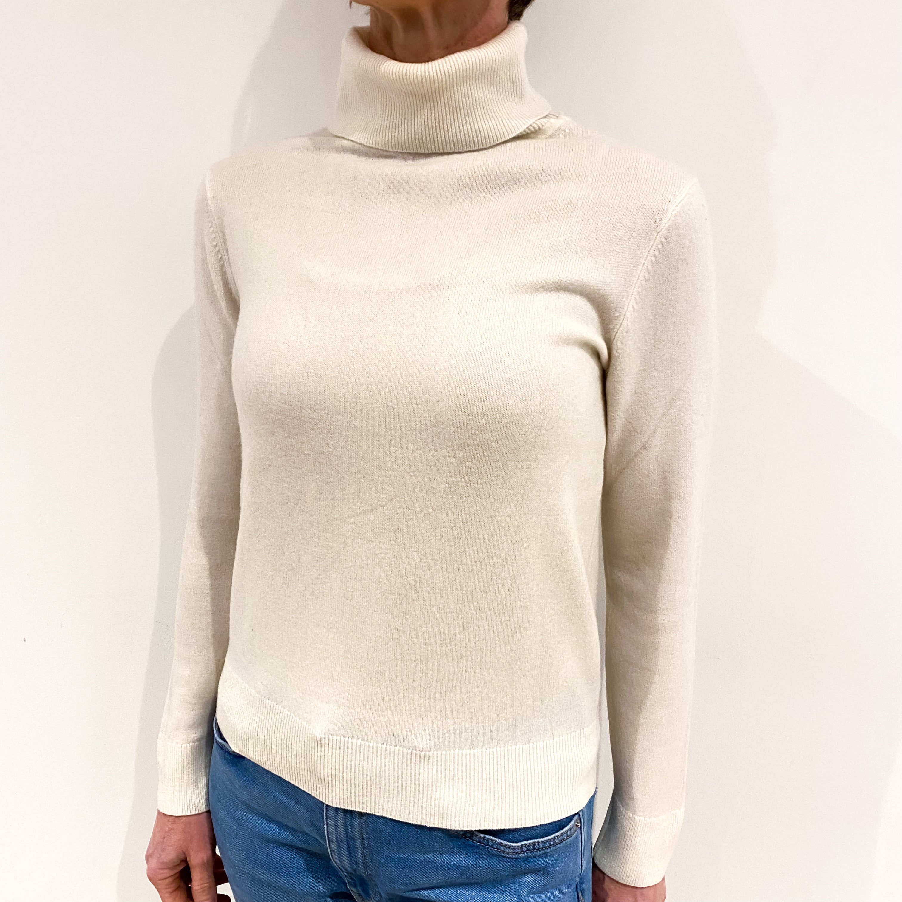 Ivory White Cashmere Polo Neck Jumper Small