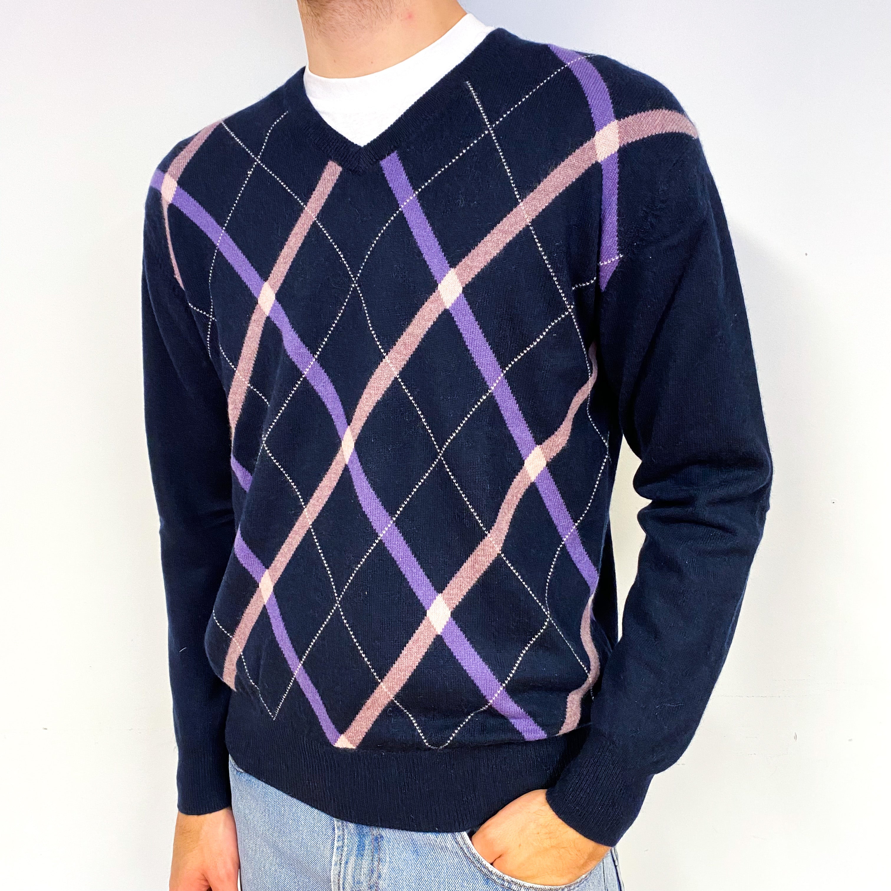 Men's Navy Purple Diamond Cashmere V-Neck Jumper Medium