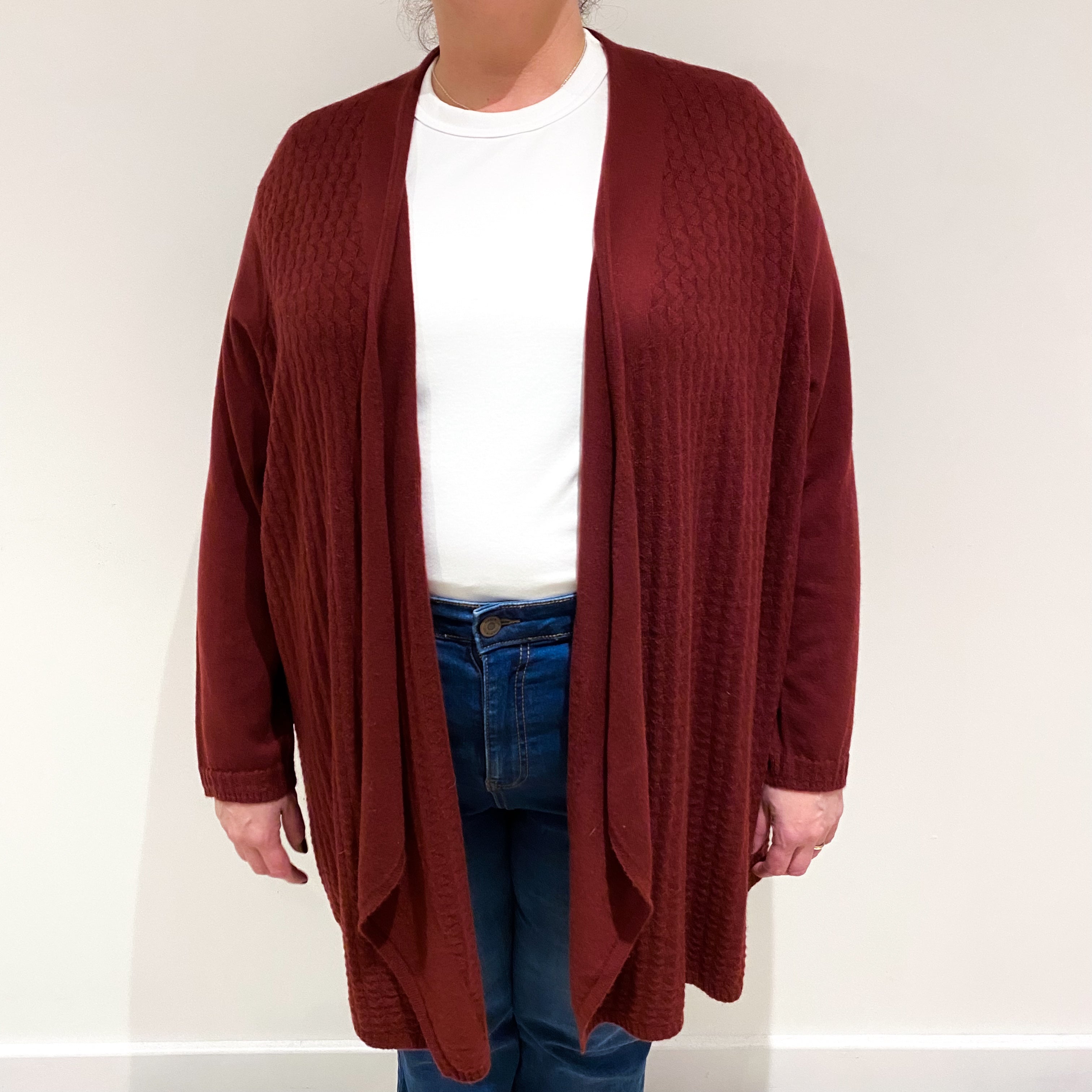 Burgundy Red Cable Cashmere Waterfall Cardigan Extra Extra Large