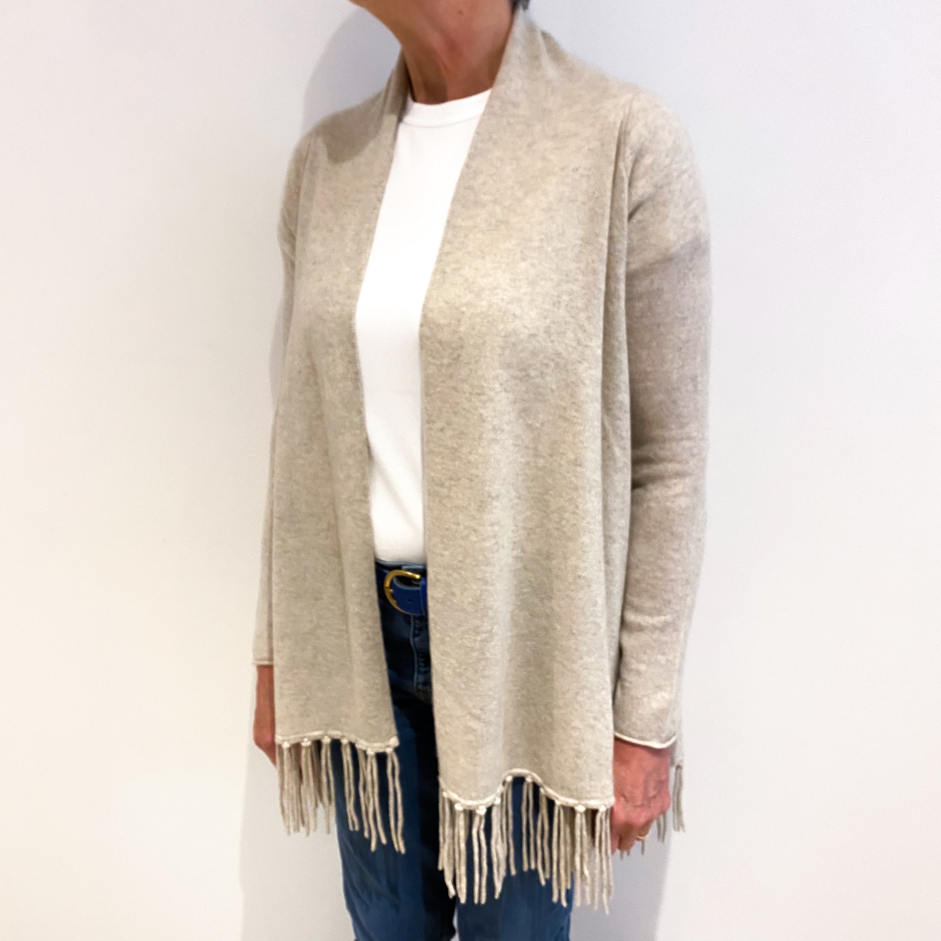 Oatmeal Beige With Fringe Cashmere Shawl Edge To Edge Cardigan Medium