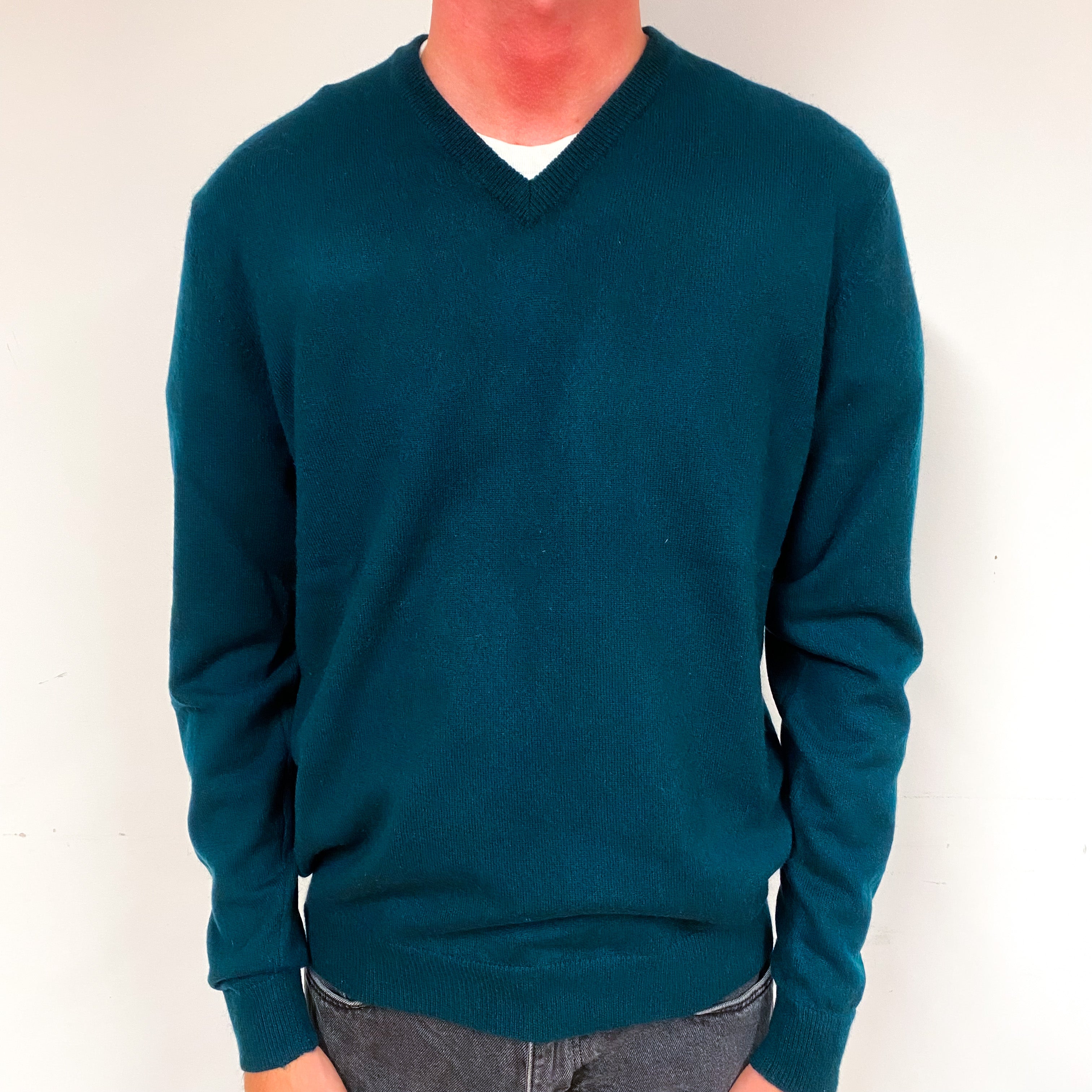 Men's Dark Forest Green Cashmere V-Neck Jumper Small