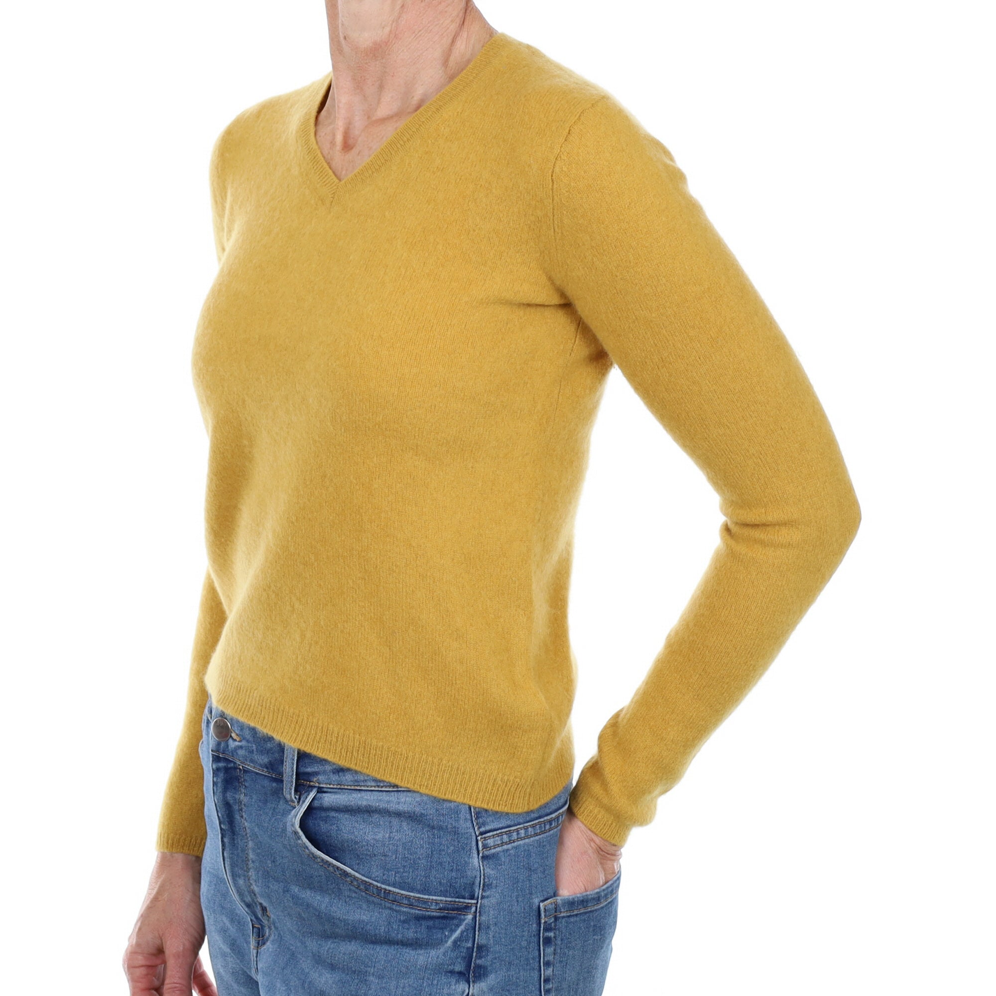 Flaxen Yellow Cashmere V Neck Jumper Small