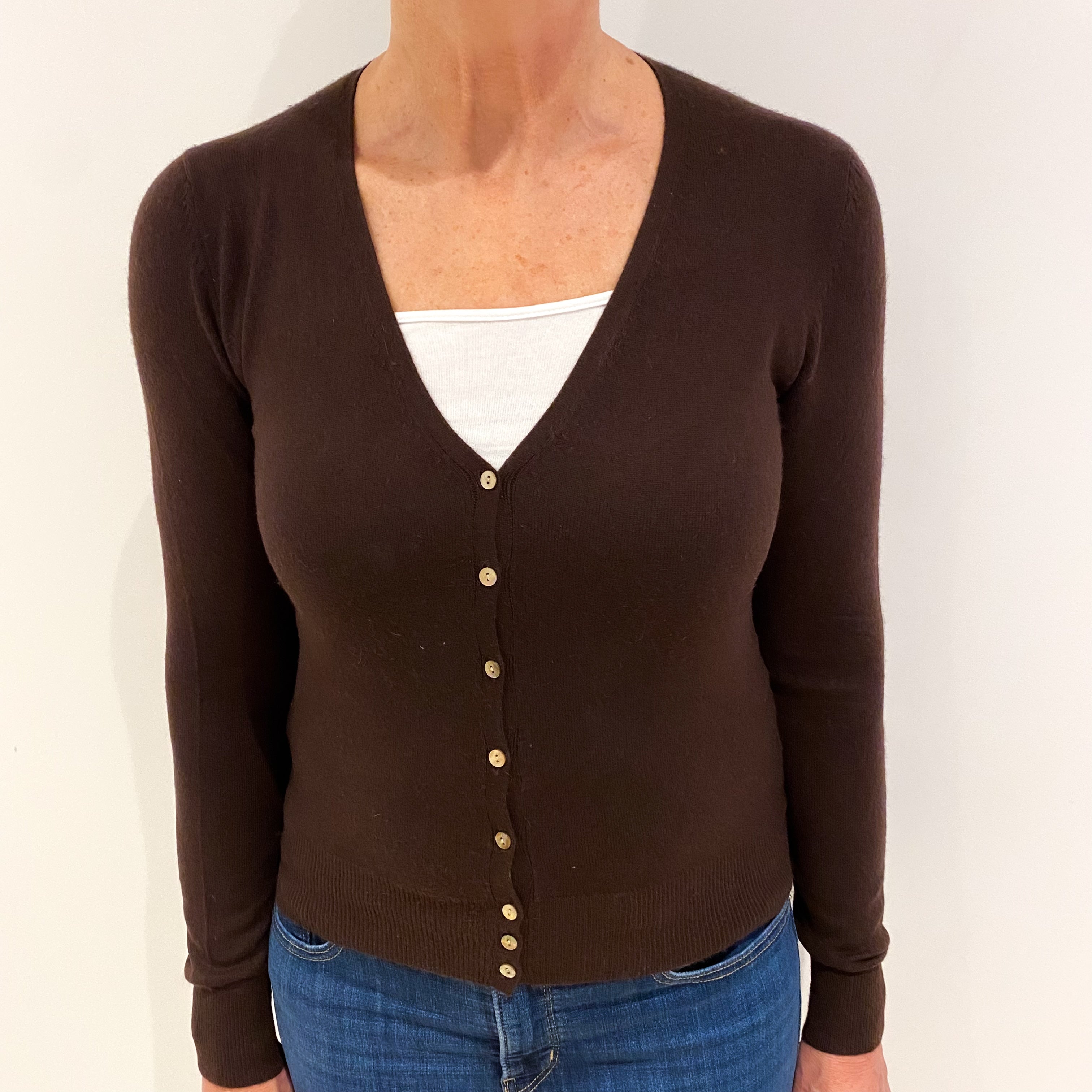 Chocolate Brown Cashmere V Neck Cardigan Medium