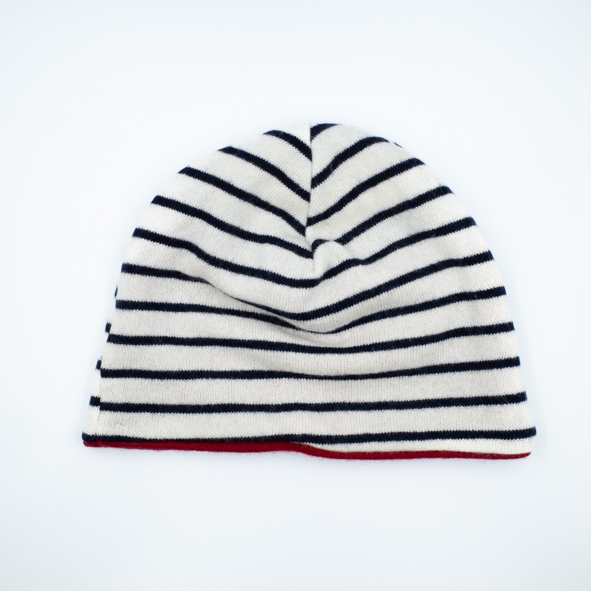 Black White Striped and Scarlet Red Cashmere Beanie Hat