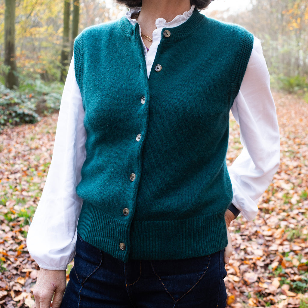 Brand New Forest Green Luxury Cashmere Crew Neck Waistcoat Small UK 8-10