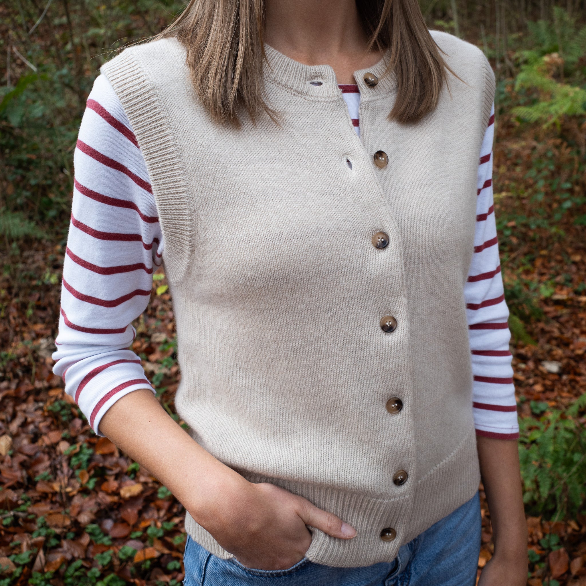 Brand New Oatmeal Luxury Cashmere Crew Neck Waistcoat Small UK 8-10