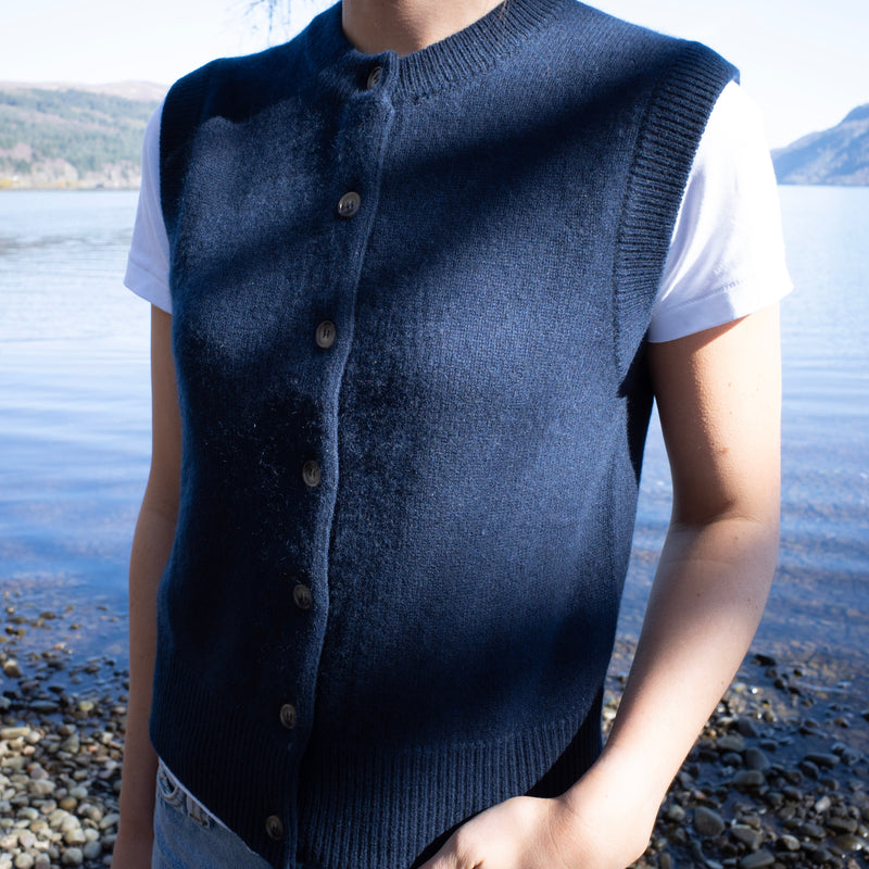 Brand New Navy Luxury Cashmere Crew Neck Waistcoat Large UK 16-18