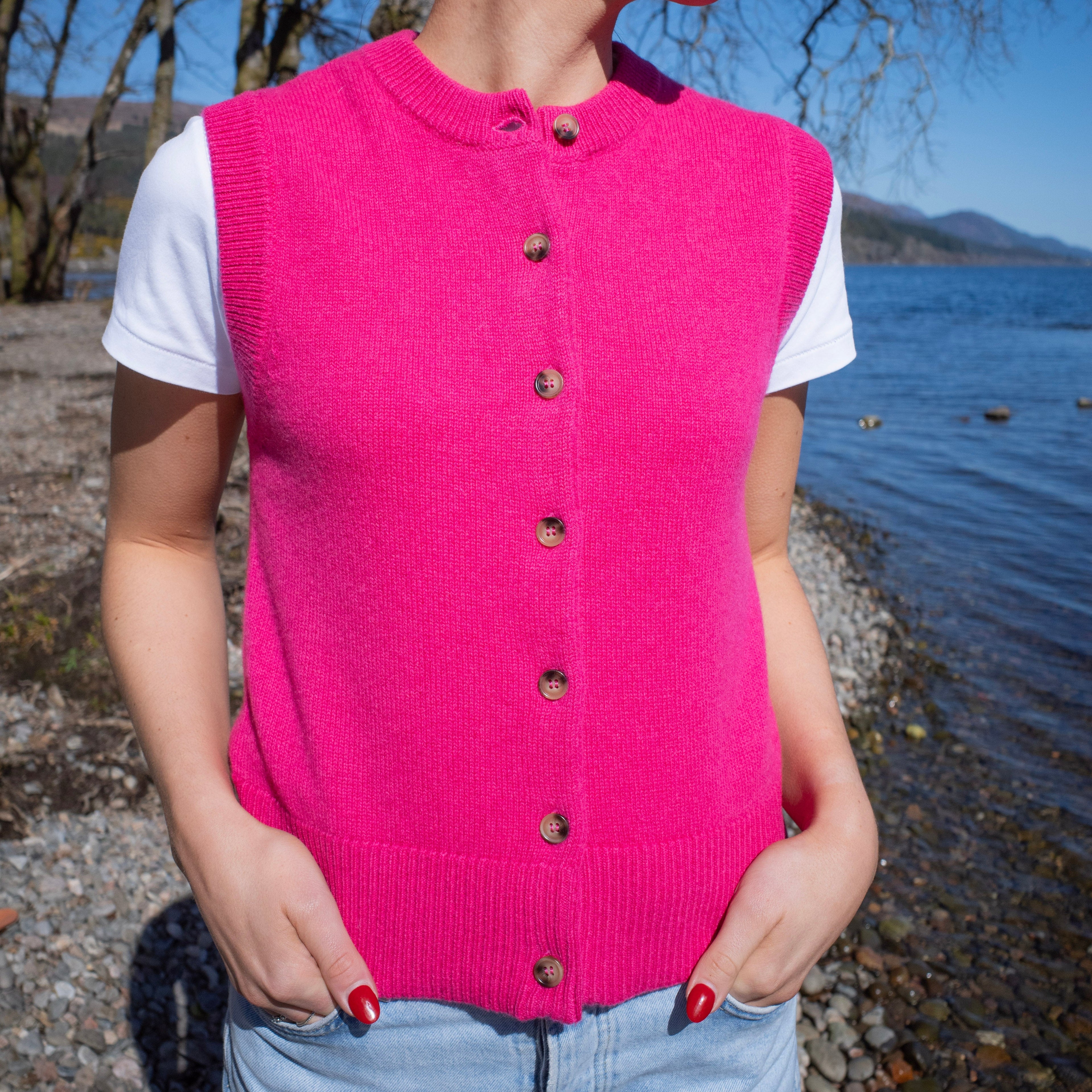 Brand New Hot Pink Luxury Cashmere Crew Neck Waistcoat Large UK 16-18