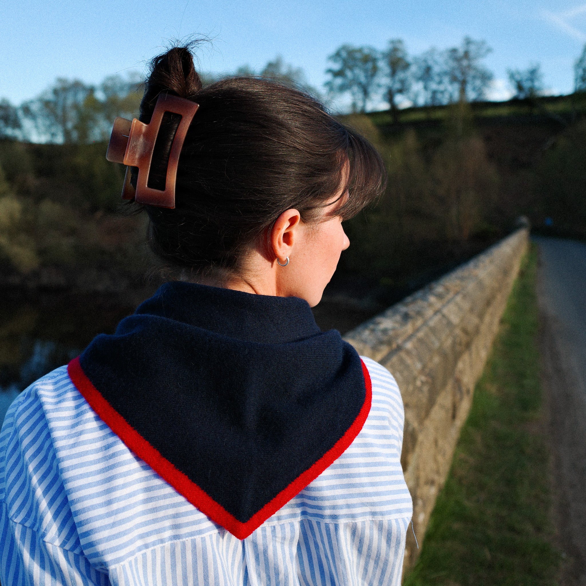 Brand New Navy and Red Recycled Cashmere Triangle Scarf