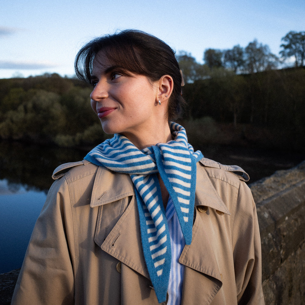 Brand New Mediterranean Blue Striped Recycled Cashmere Triangle Scarf