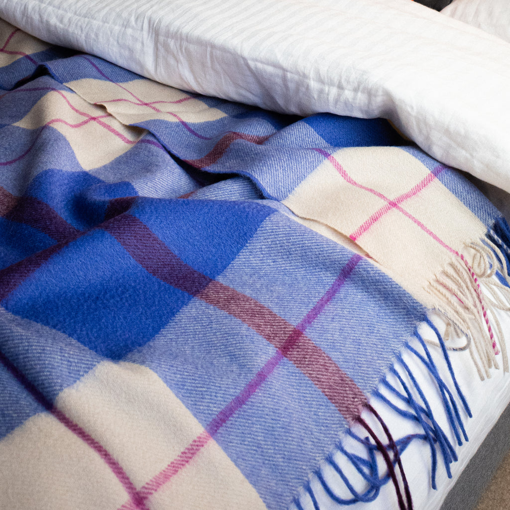 Brand New English Purple and Alabaster Plaid Luxury Woven Cashmere Blanket
