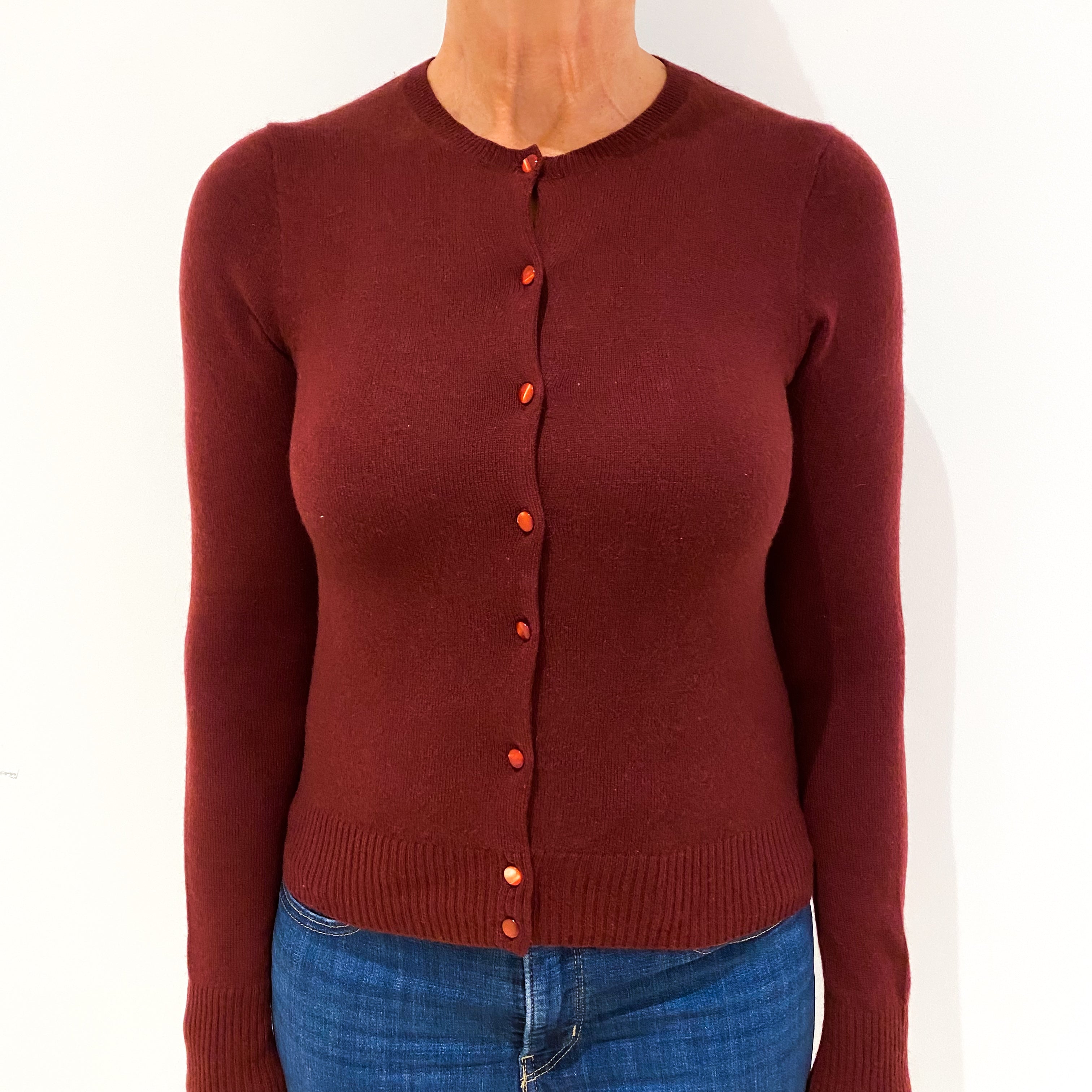 Burgundy Red Cashmere Crew Neck Cardigan Medium