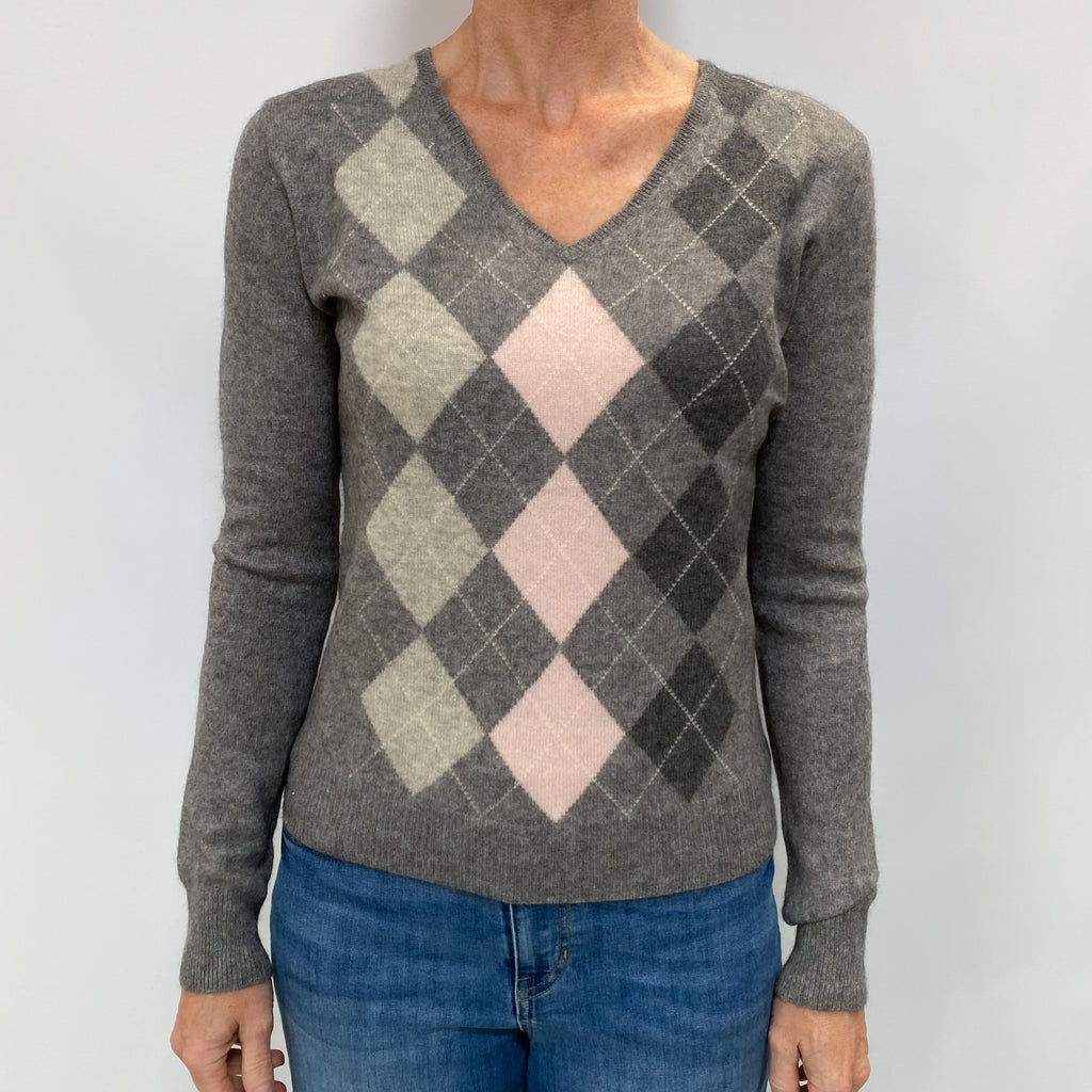 Ash Grey Argyle Cashmere V Neck Jumper Small