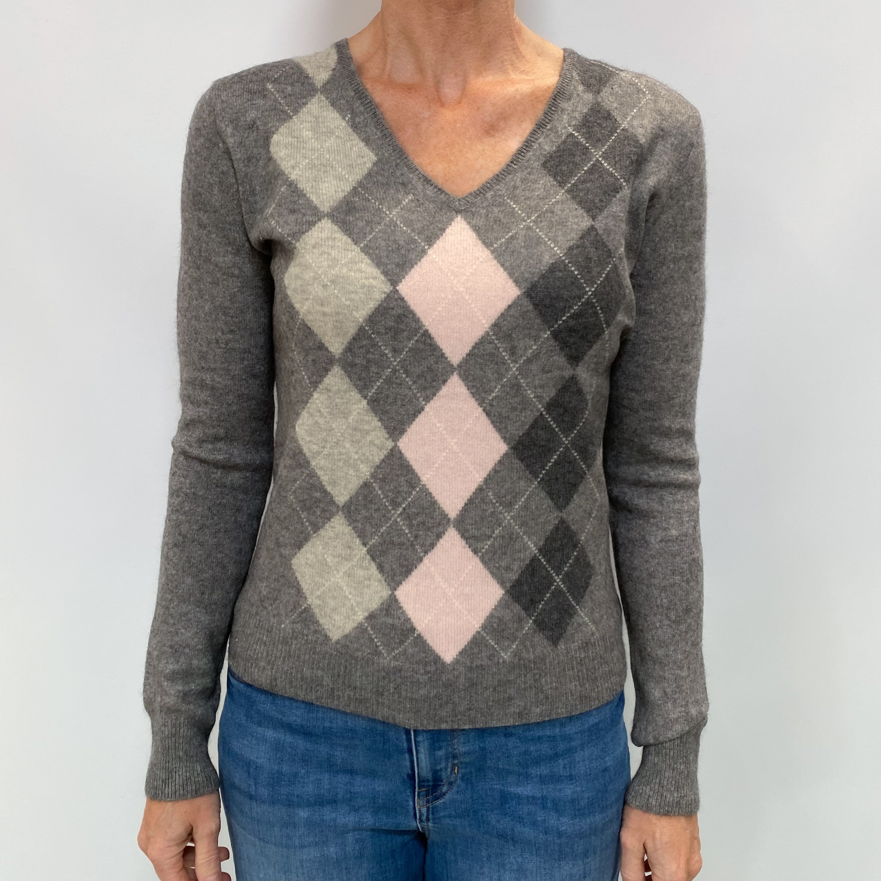 Ash Grey Argyle Cashmere V Neck Jumper Small