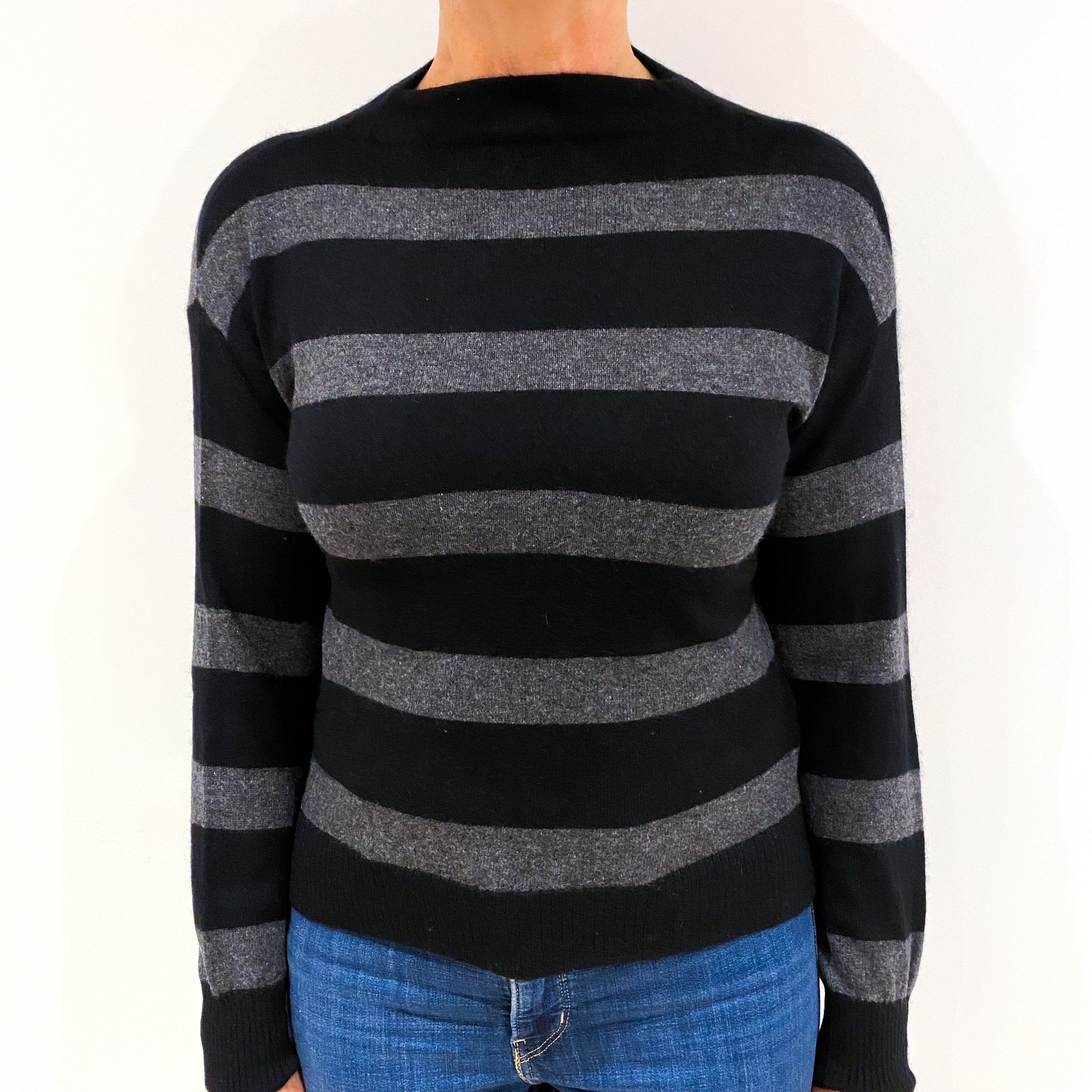 Black Grey Stripe Cashmere Funnel Neck Jumper Medium