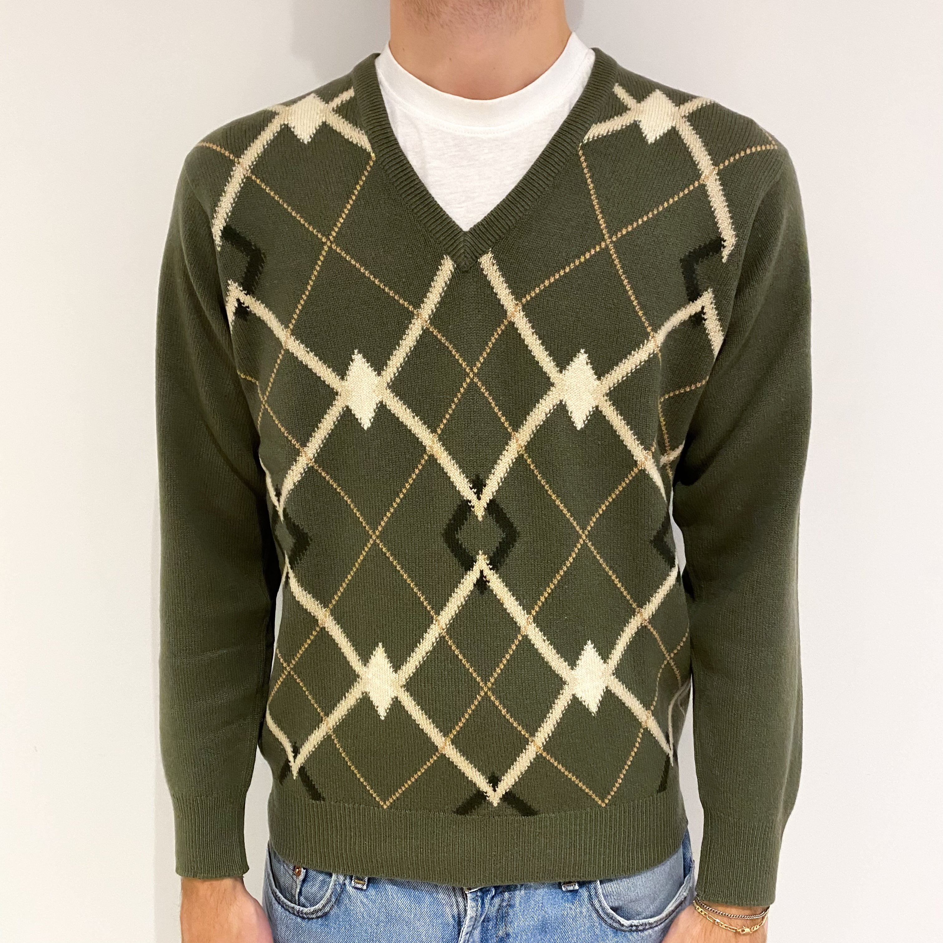 Men's Vintage Pringle Olive Green Diamond Cashmere V Neck Jumper Large