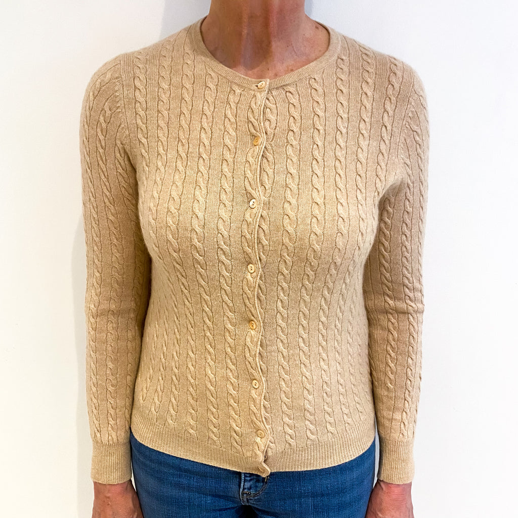 Sand Beige Cashmere Crew Neck Cable Knit Cardigan Medium