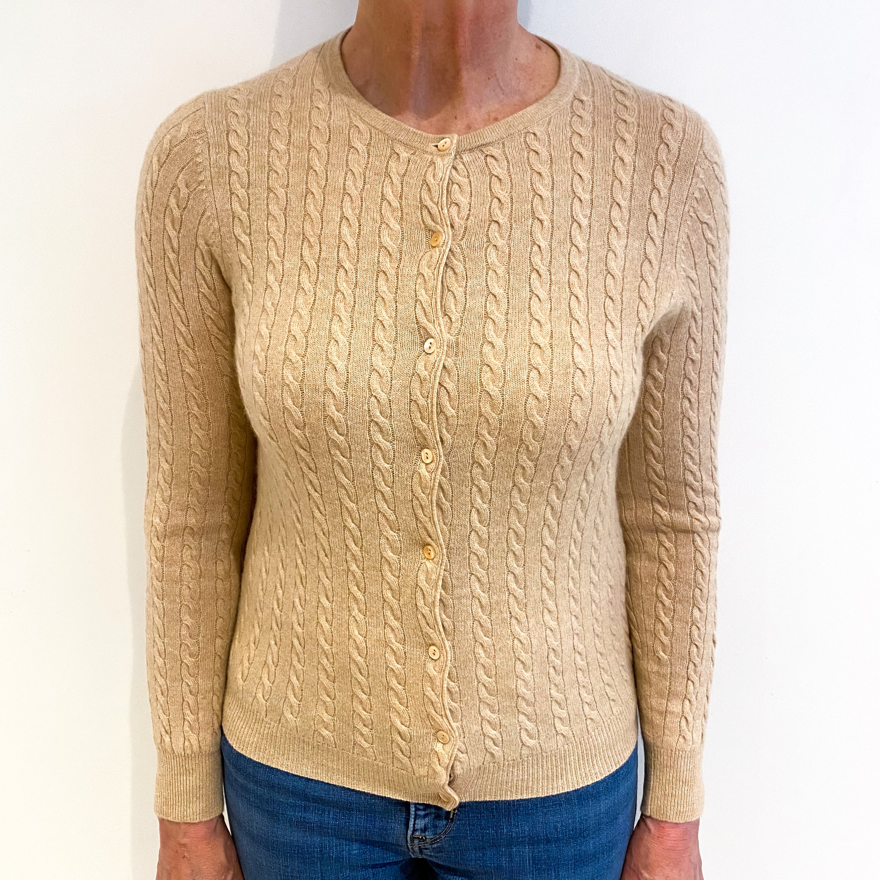 Sand Beige Cashmere Crew Neck Cable Knit Cardigan Medium