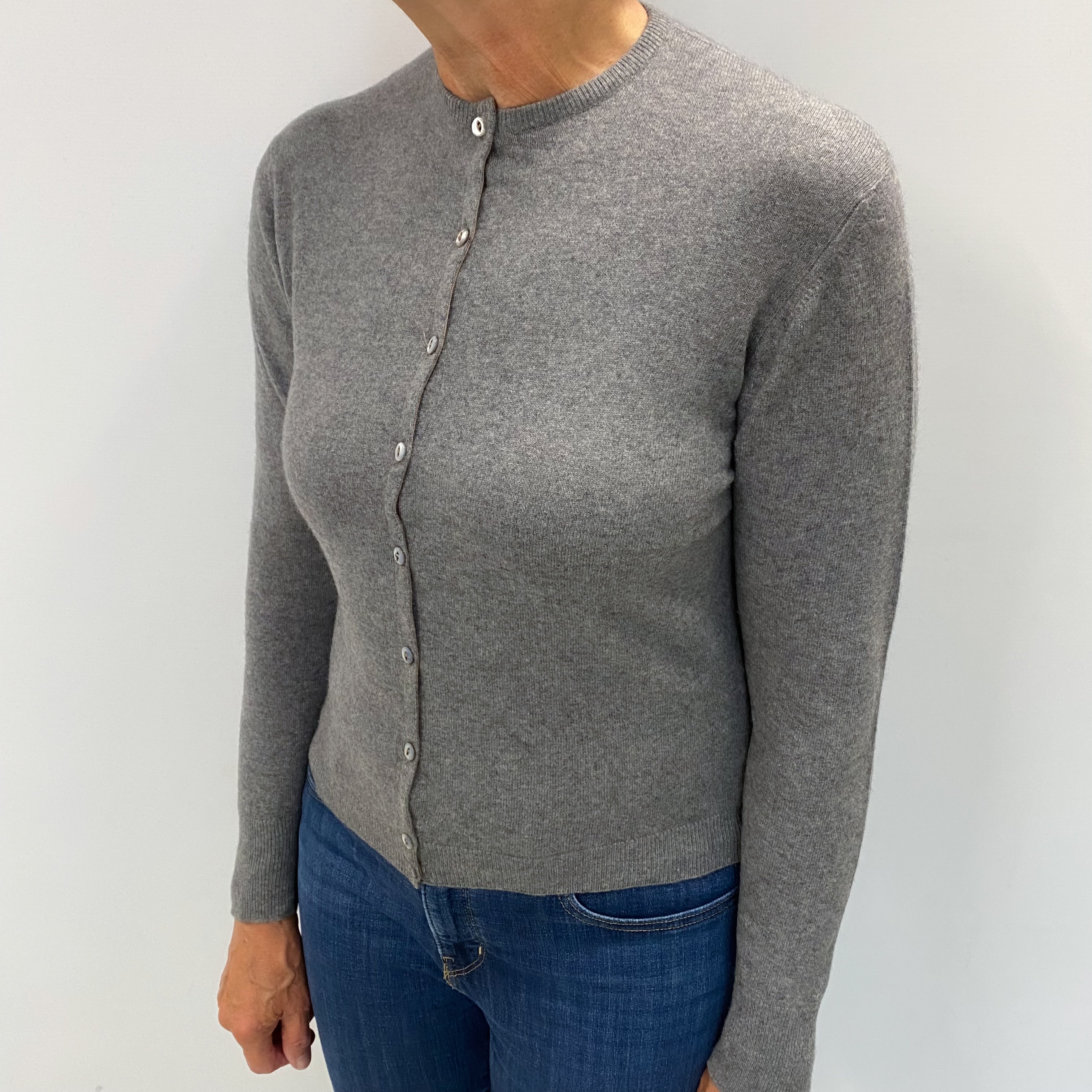 Scottish Vintage Smoke Grey Cashmere Crew Neck Cardigan Medium