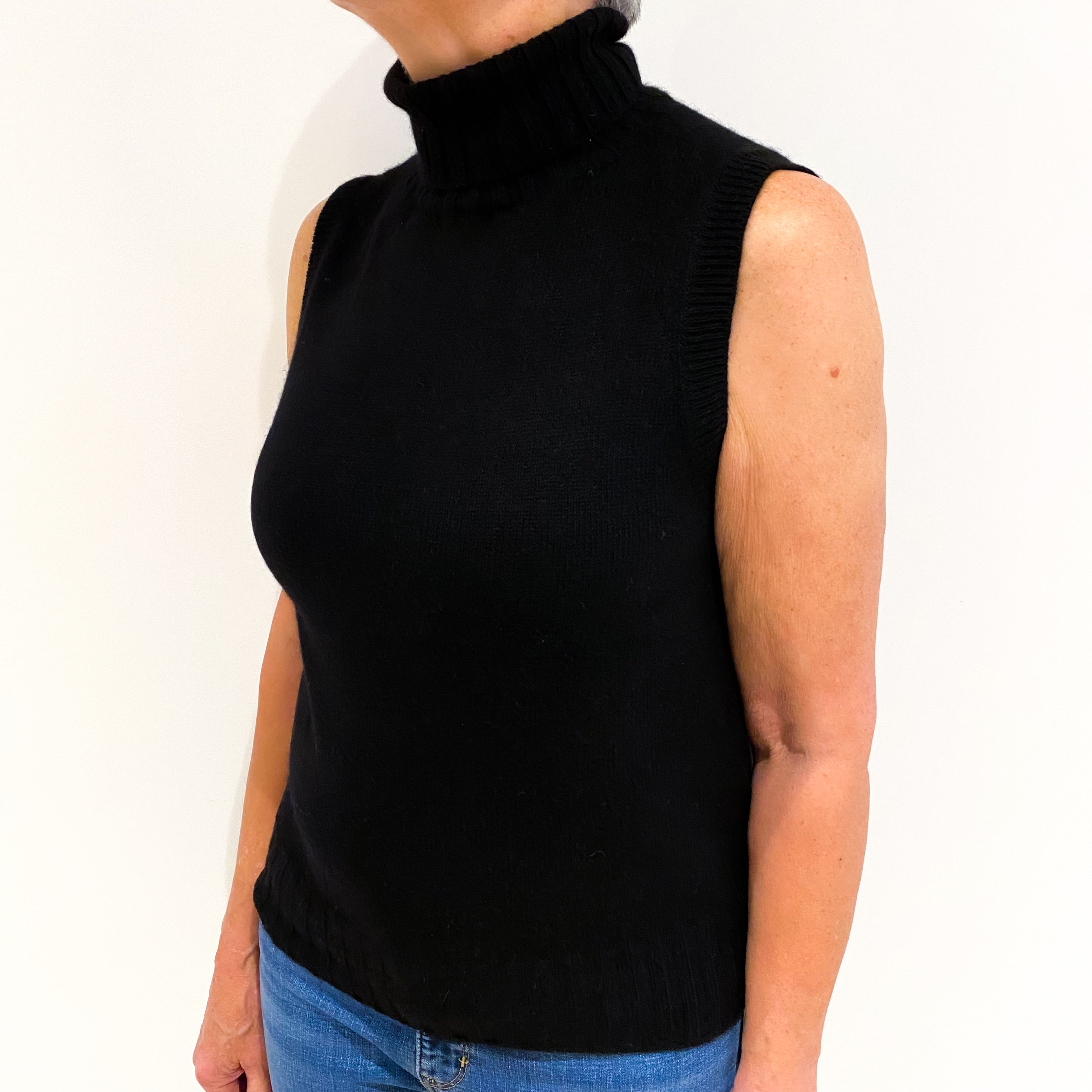 Black Cashmere Sleeveless Polo Neck Jumper Medium