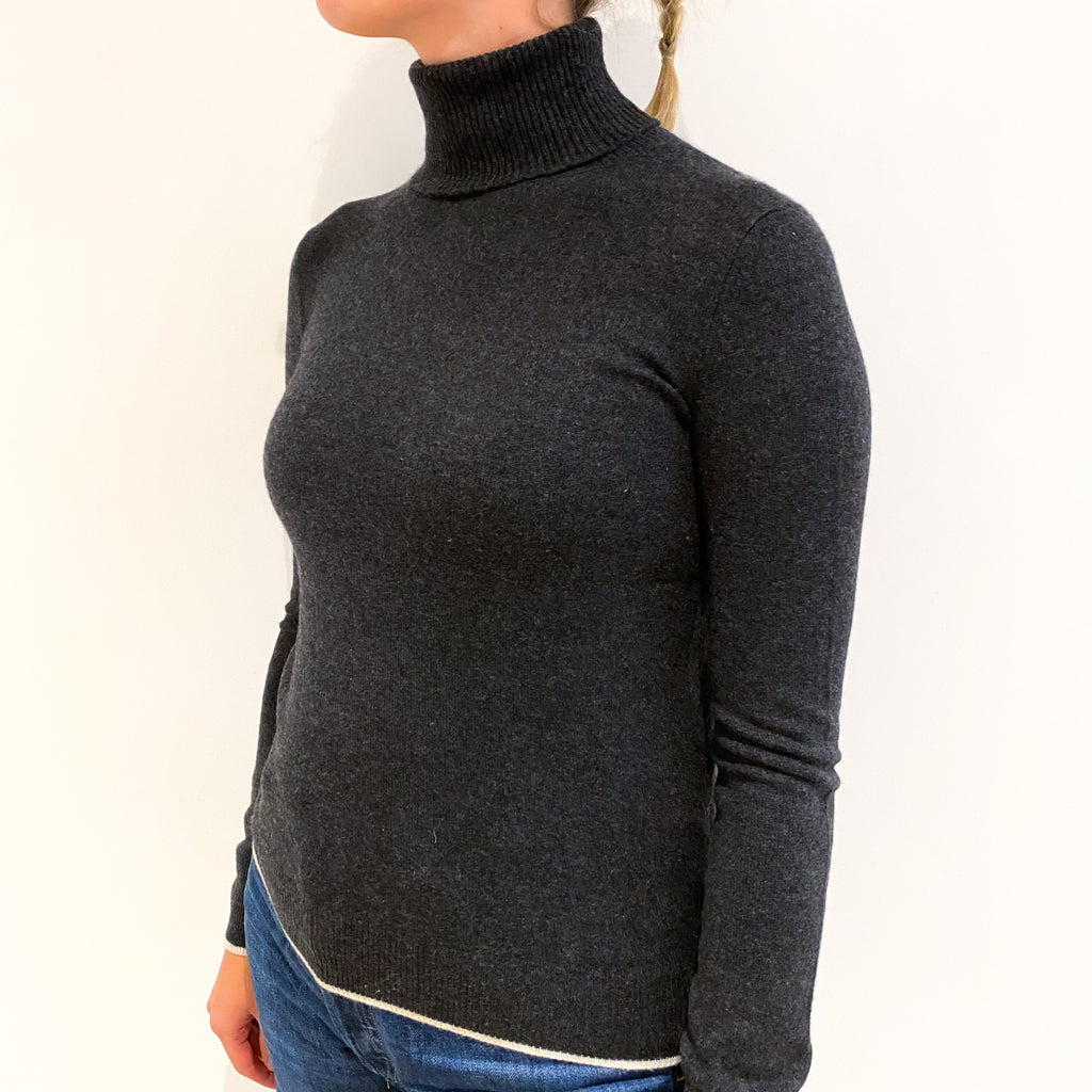 Charcoal Grey Ivory Trim Cashmere Polo Neck Jumper Small