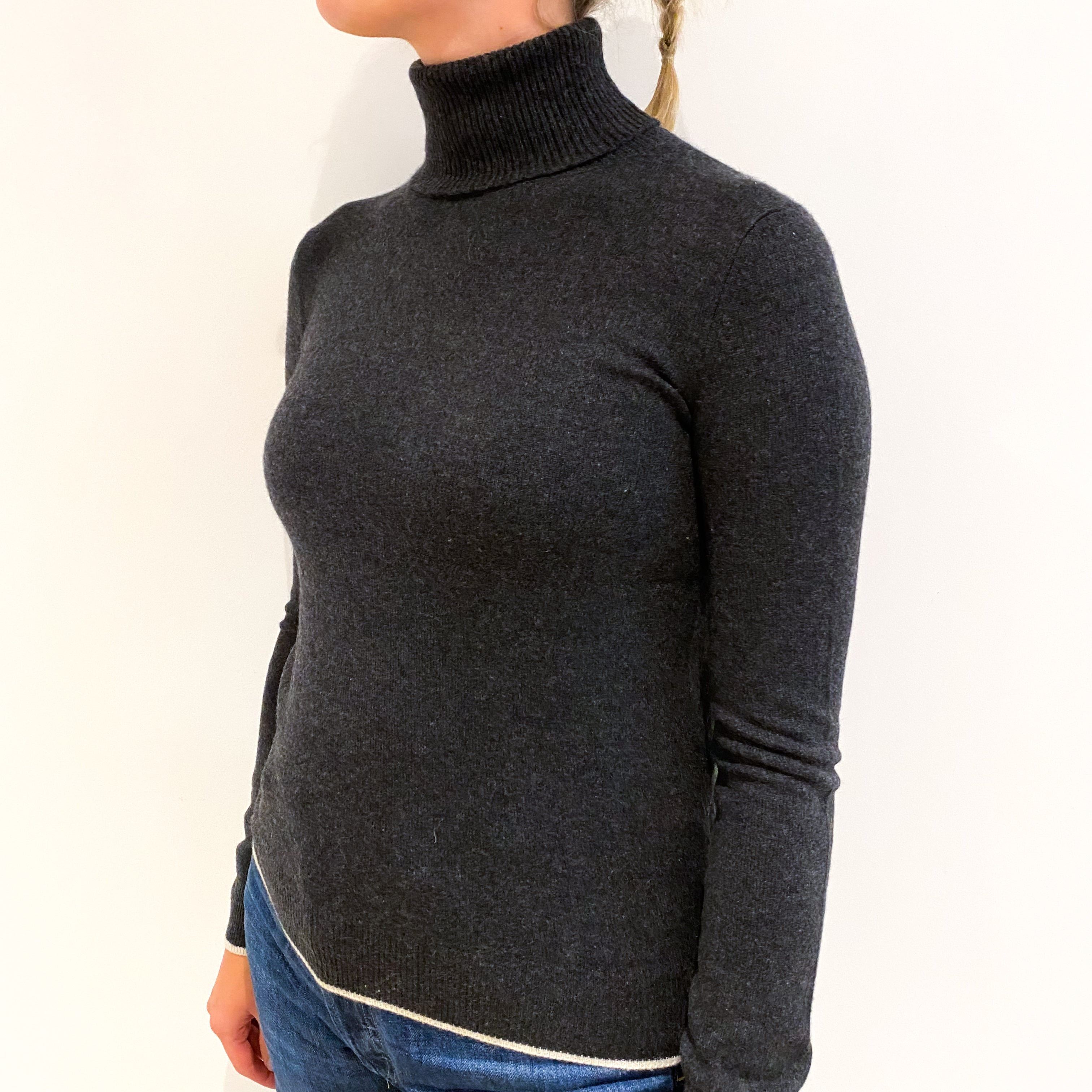 Charcoal Grey Ivory Trim Cashmere Polo Neck Jumper Small
