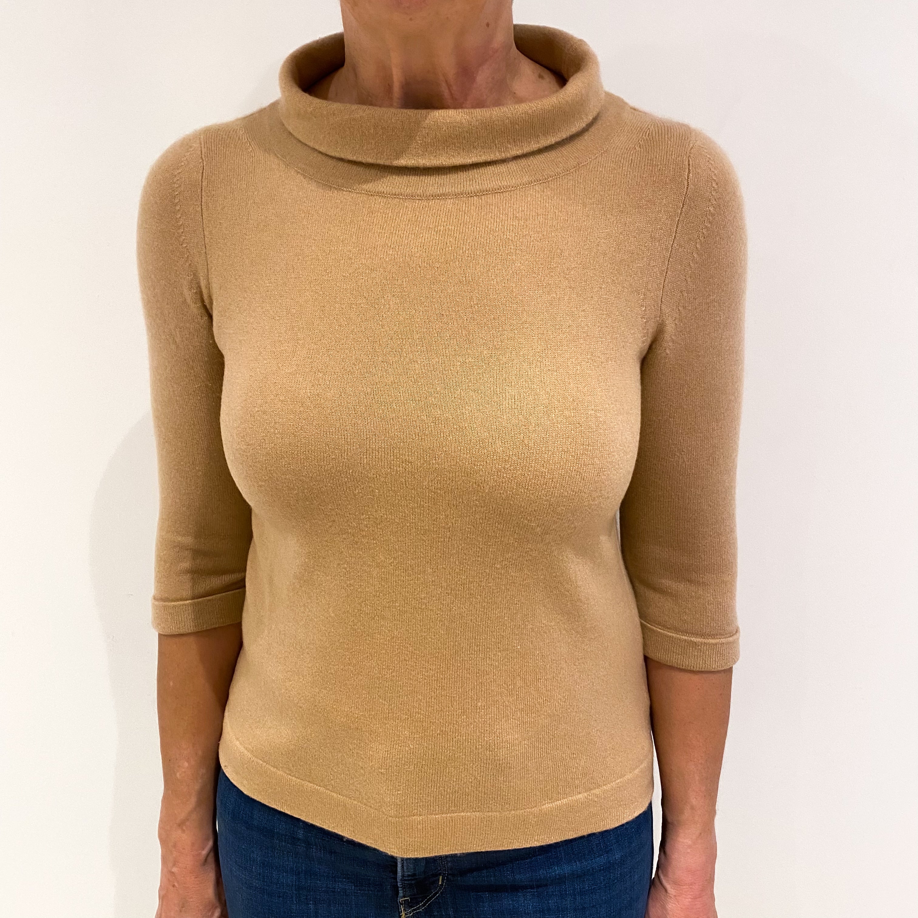 Camel Brown Cashmere Loose Polo Neck Jumper Medium