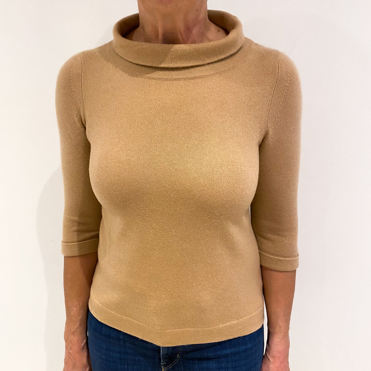 Camel Brown Cashmere Loose Polo Neck Jumper Medium