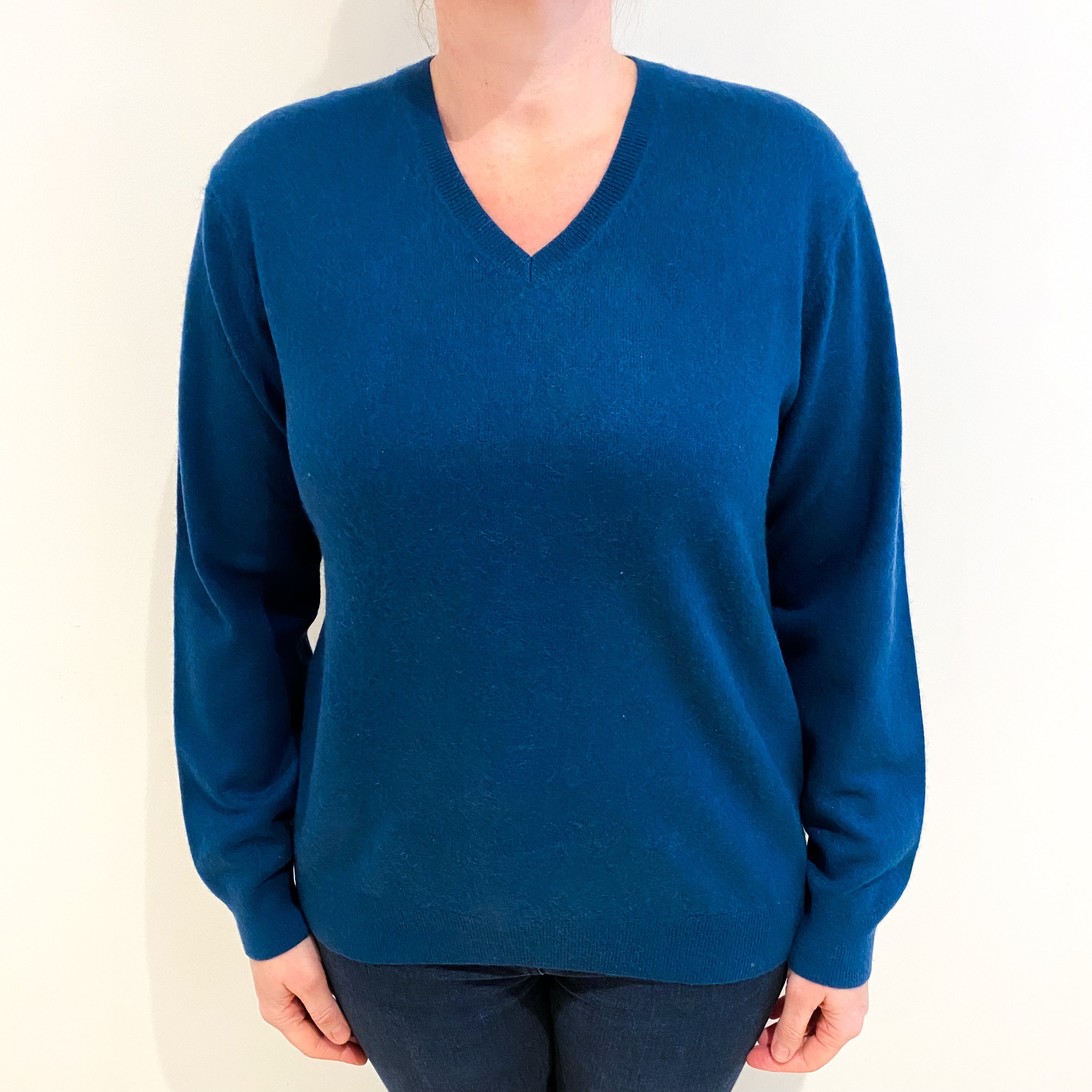 Petrol Blue Cashmere V Neck Jumper Large