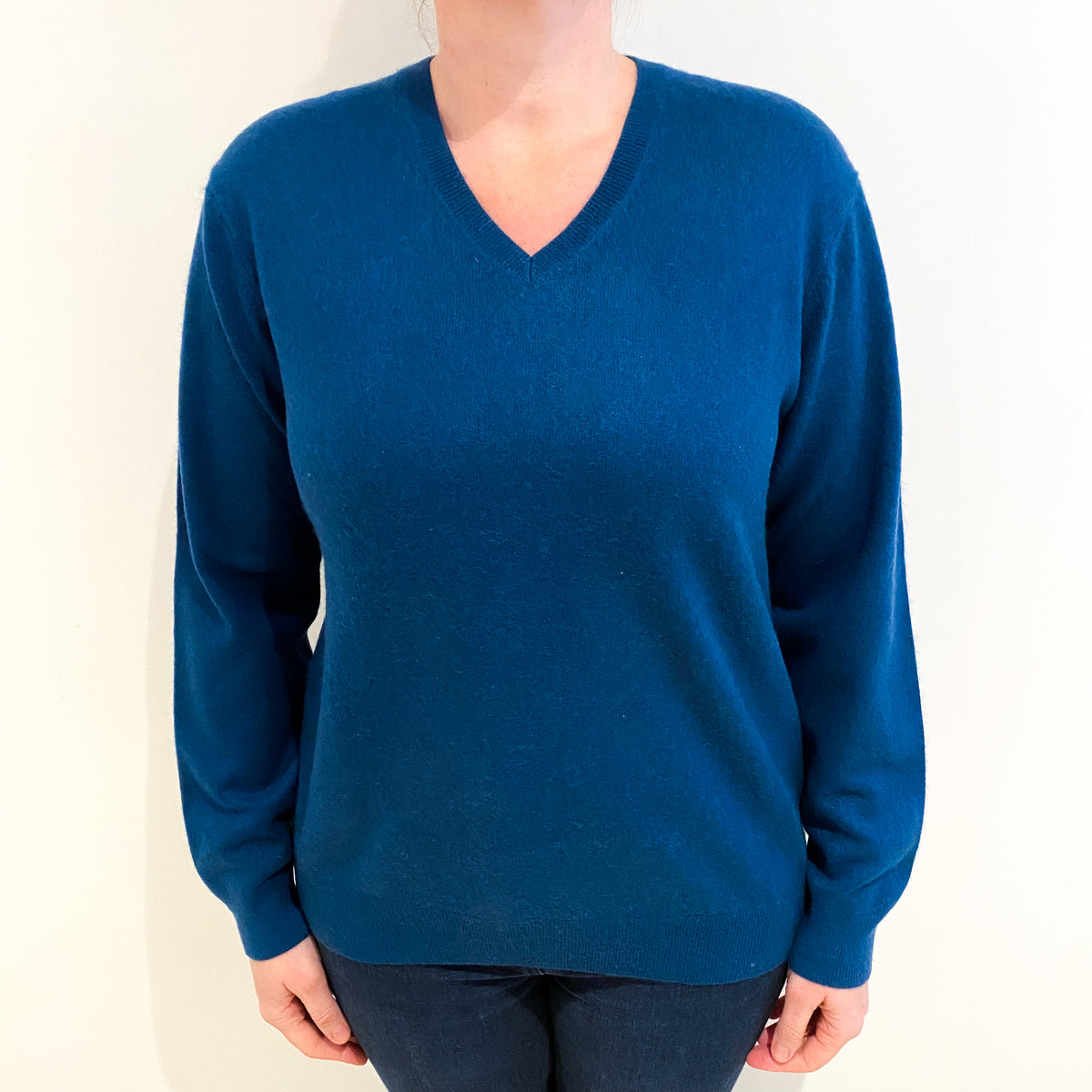 Petrol Blue Cashmere V Neck Jumper Large